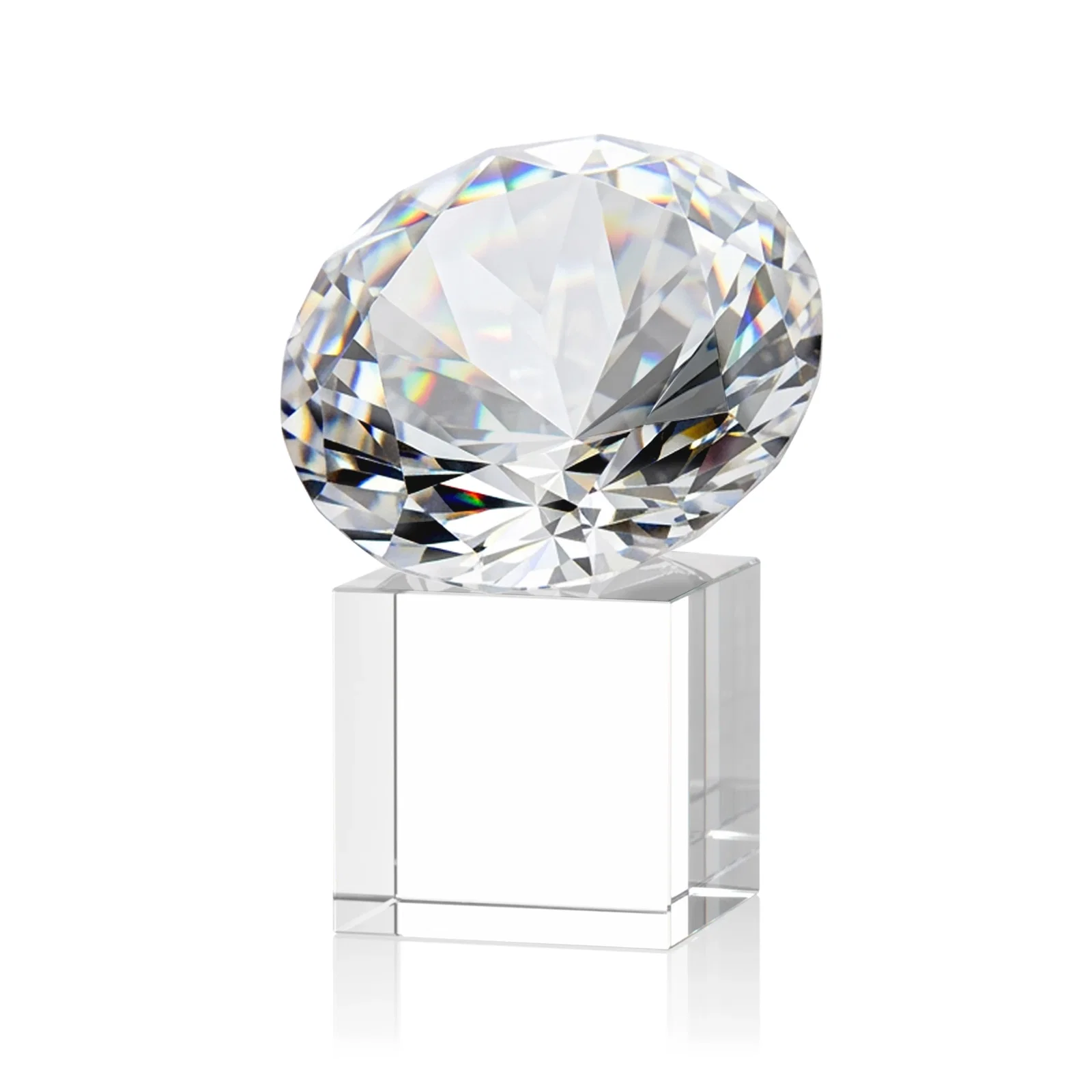 Customized Faceted Optical Crystal Gemstone Award on Crystal Cube Base for corporate award ceremonies