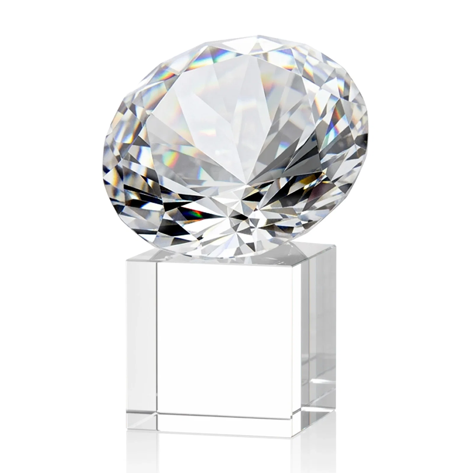 Customized Faceted Optical Crystal Gemstone Award on Crystal Cube Base for sales achievement awards