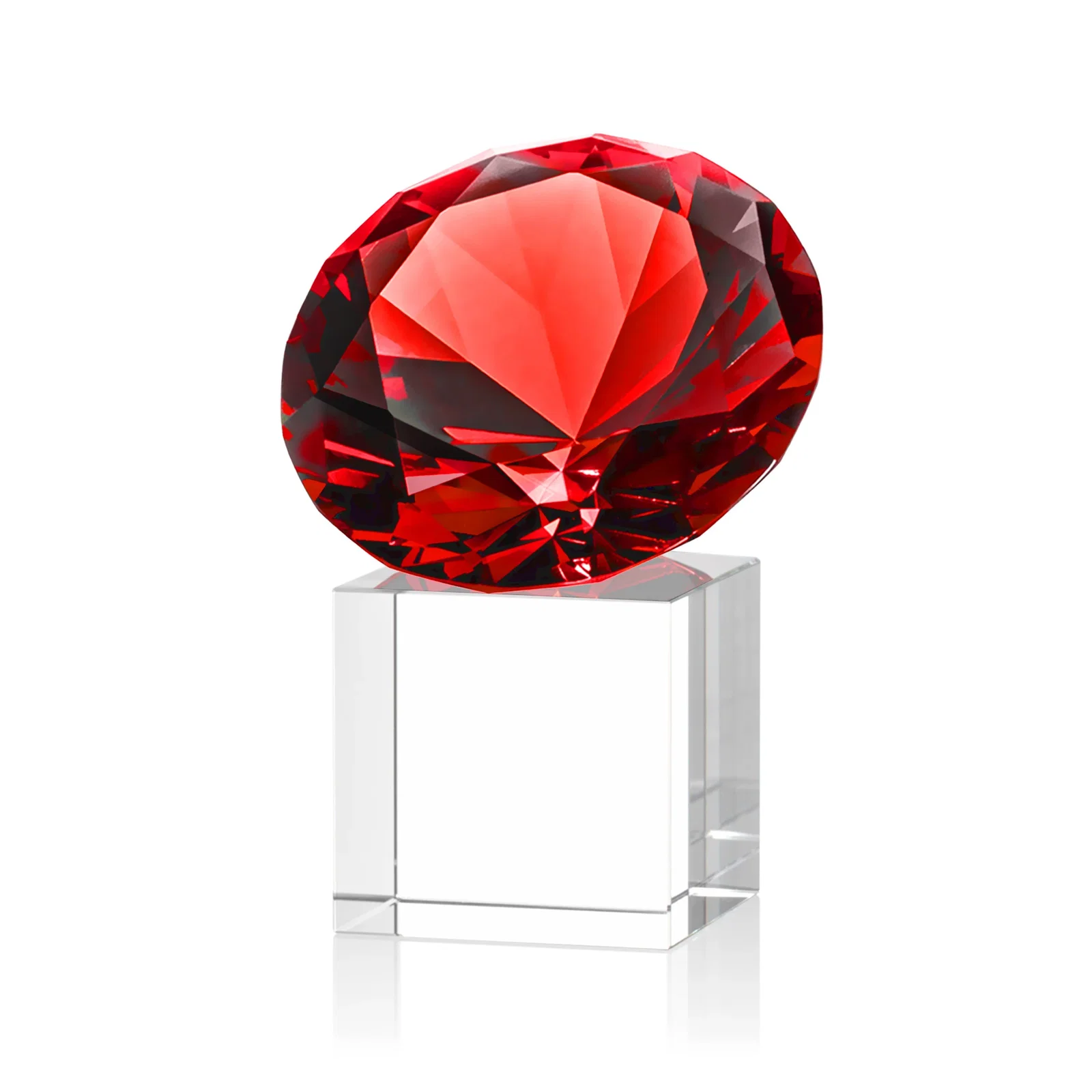 Custom engraved Faceted Optical Crystal Gemstone Award on Crystal Cube Base for corporate award ceremonies