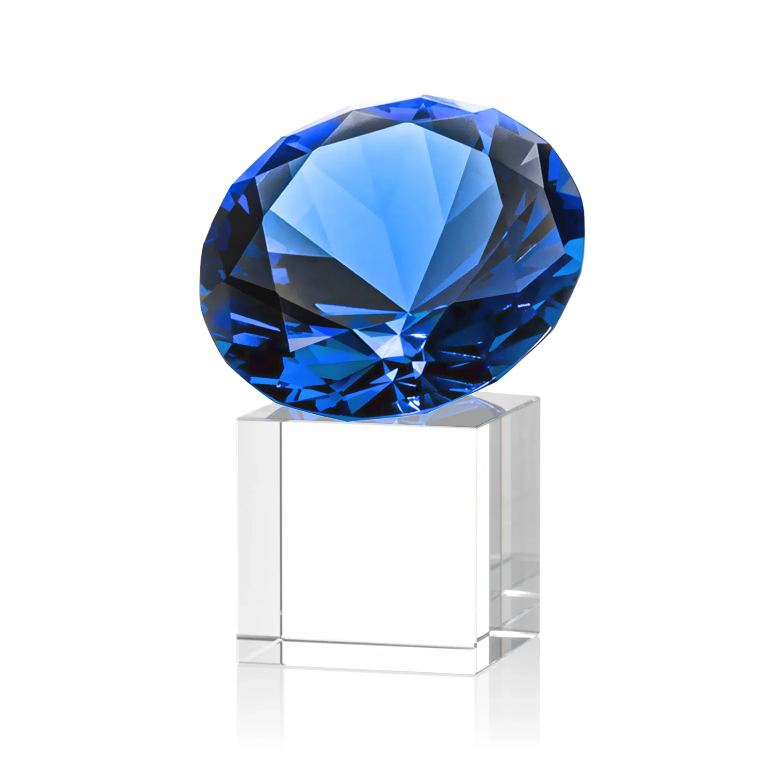 Custom engraved Faceted Optical Crystal Gemstone Award on Crystal Cube Base for team milestone celebrations