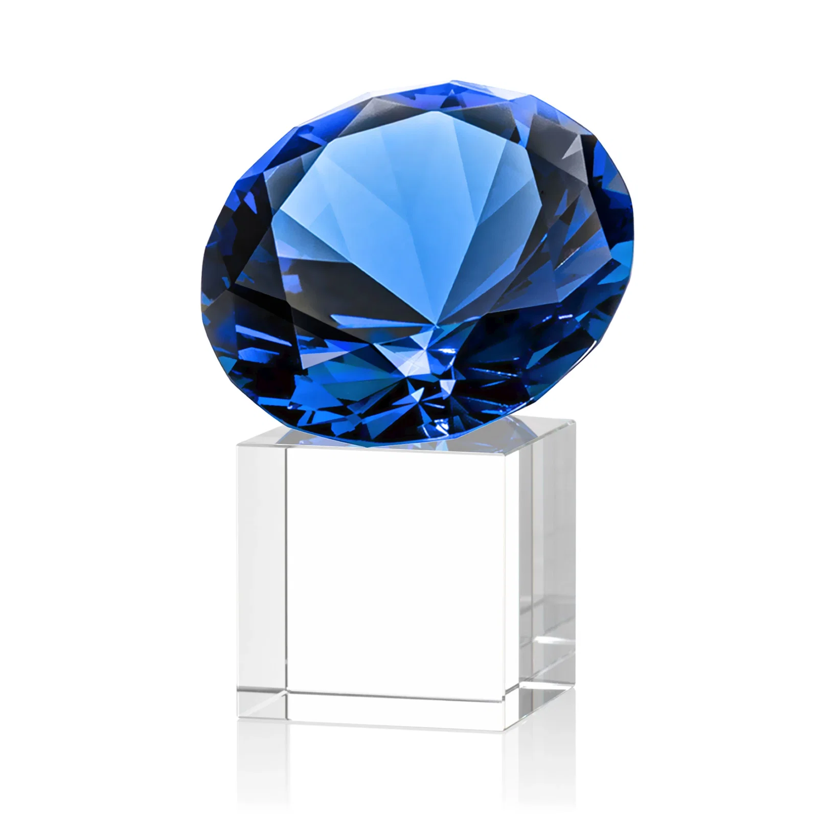 Custom engraved Faceted Optical Crystal Gemstone Award on Crystal Cube Base for donor appreciation