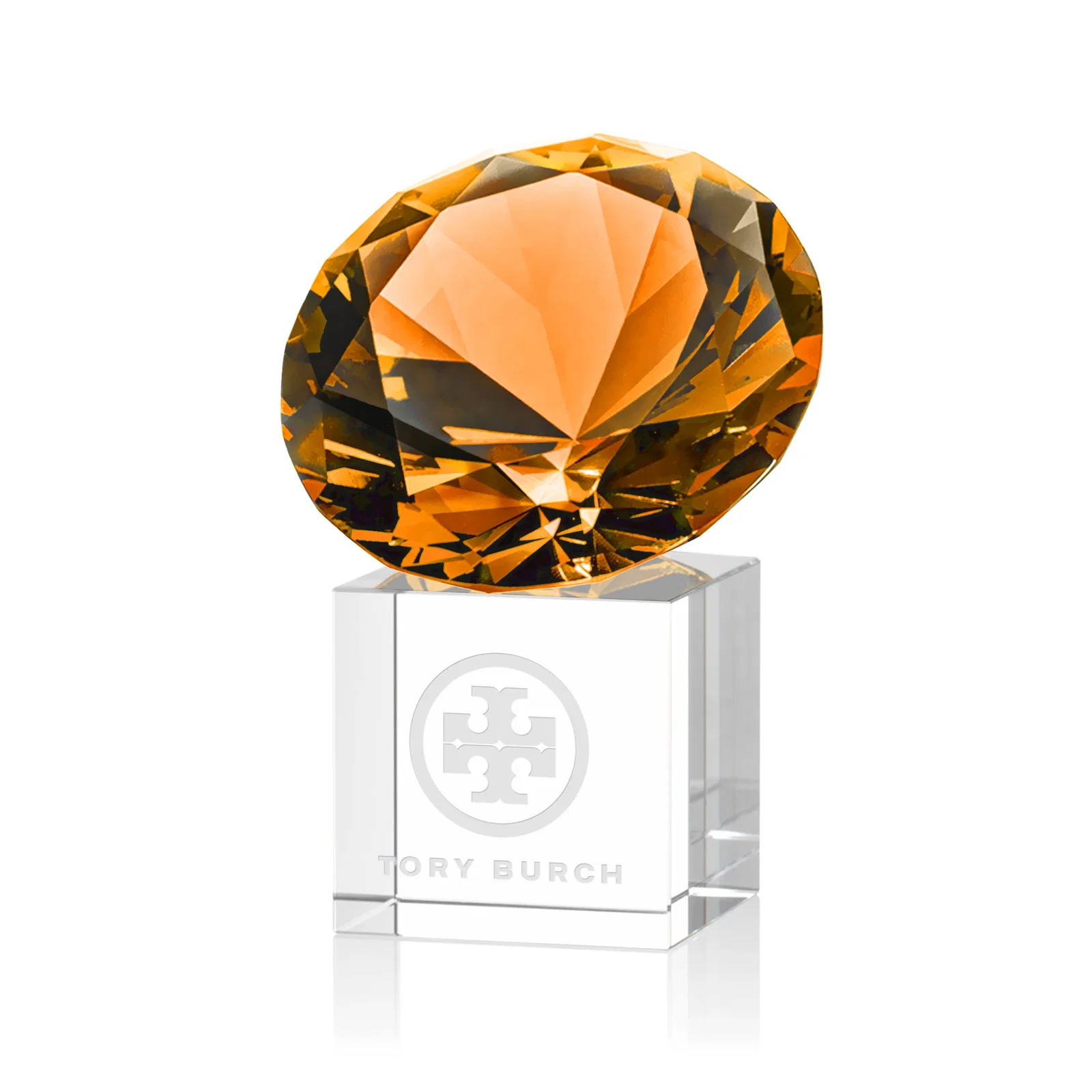 Custom Faceted Optical Crystal Gemstone Award on Crystal Cube Base for safety achievement programs