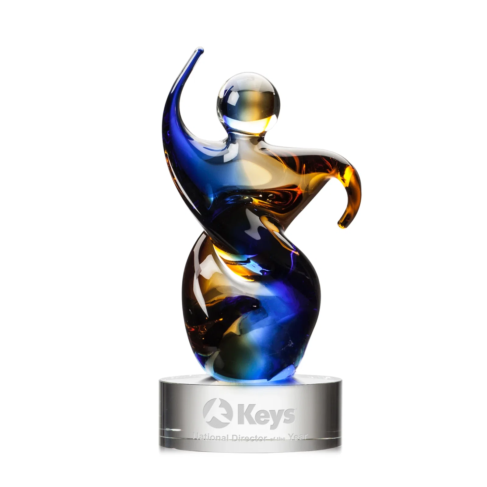 Custom Amber and Blue Art Glass Award in Five Colors, Three Sizes for service anniversary gifts