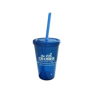 Geneva 16 Oz Tumbler with Straw, 3.5" x 5.5", Double-Wall Polypropylene, 1-Color Imprint