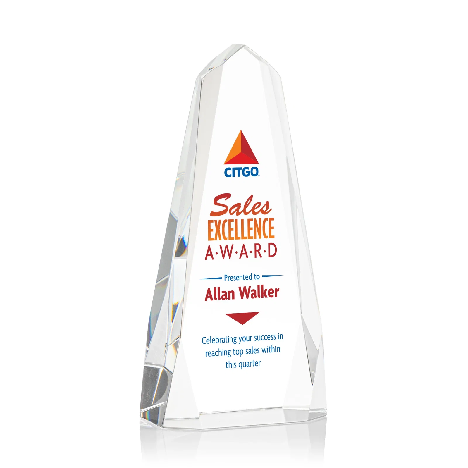 Custom Optical Crystal Obelisk with Interchanging Bevels - Slimline for dealer and partner awards