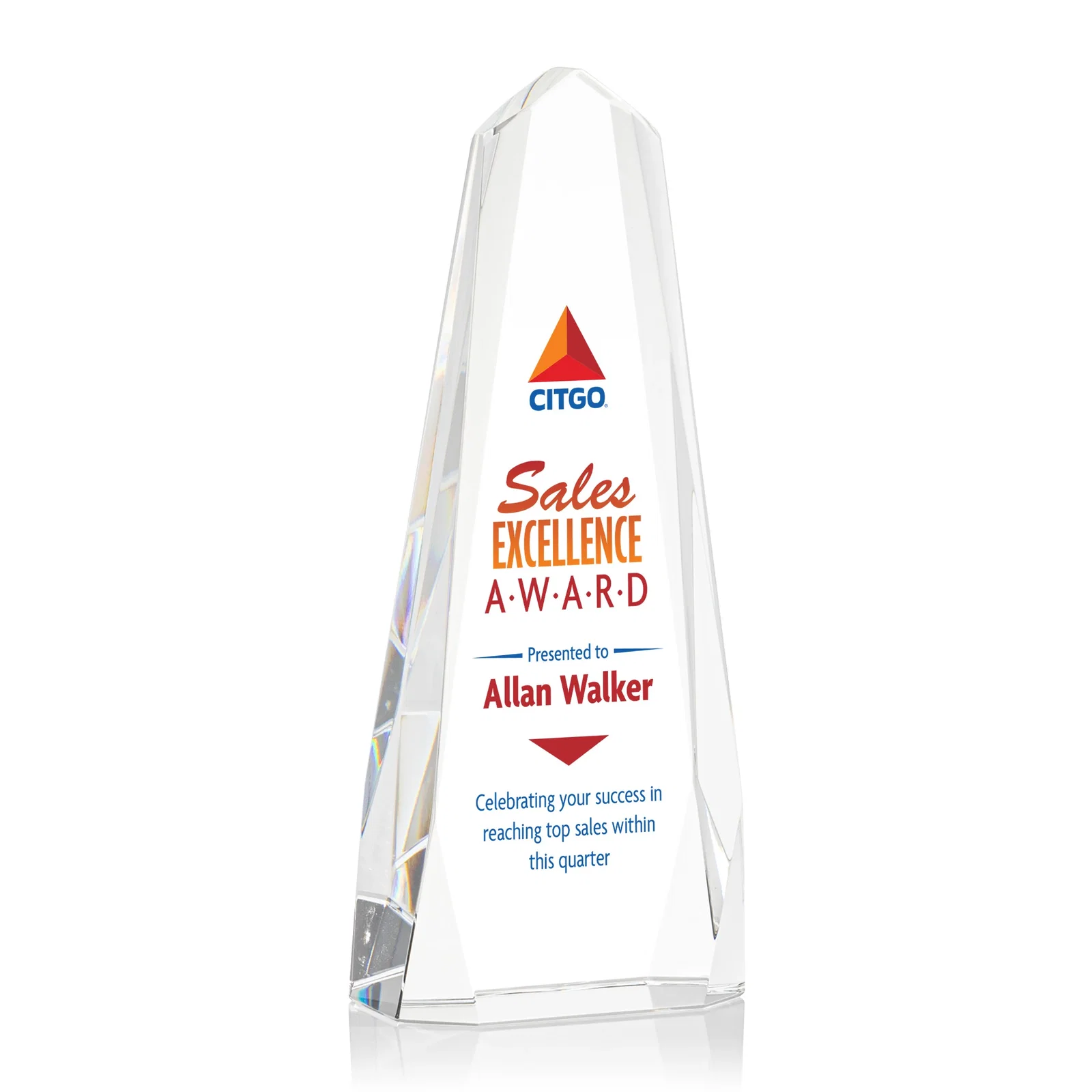 Custom Optical Crystal Obelisk with Interchanging Bevels - Slimline for company anniversary events