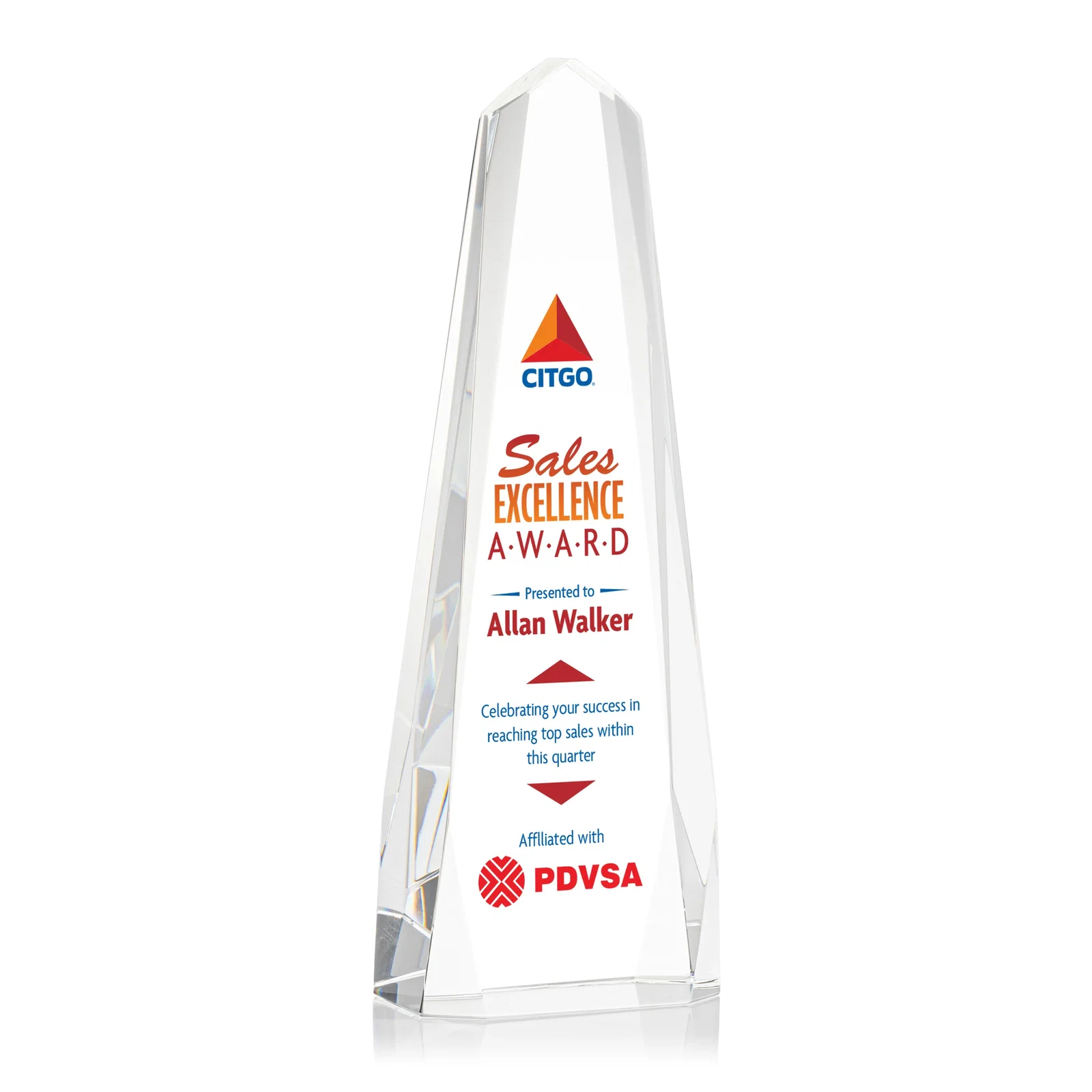 Personalized Optical Crystal Obelisk with Interchanging Bevels - Slimline for employee recognition