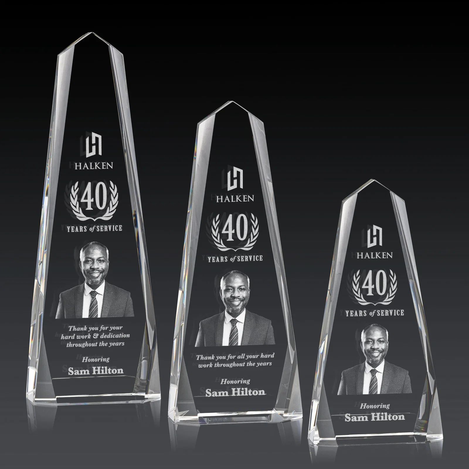 Custom Optical Crystal Obelisk with Interchanging Bevels - Slimline for team milestone celebrations