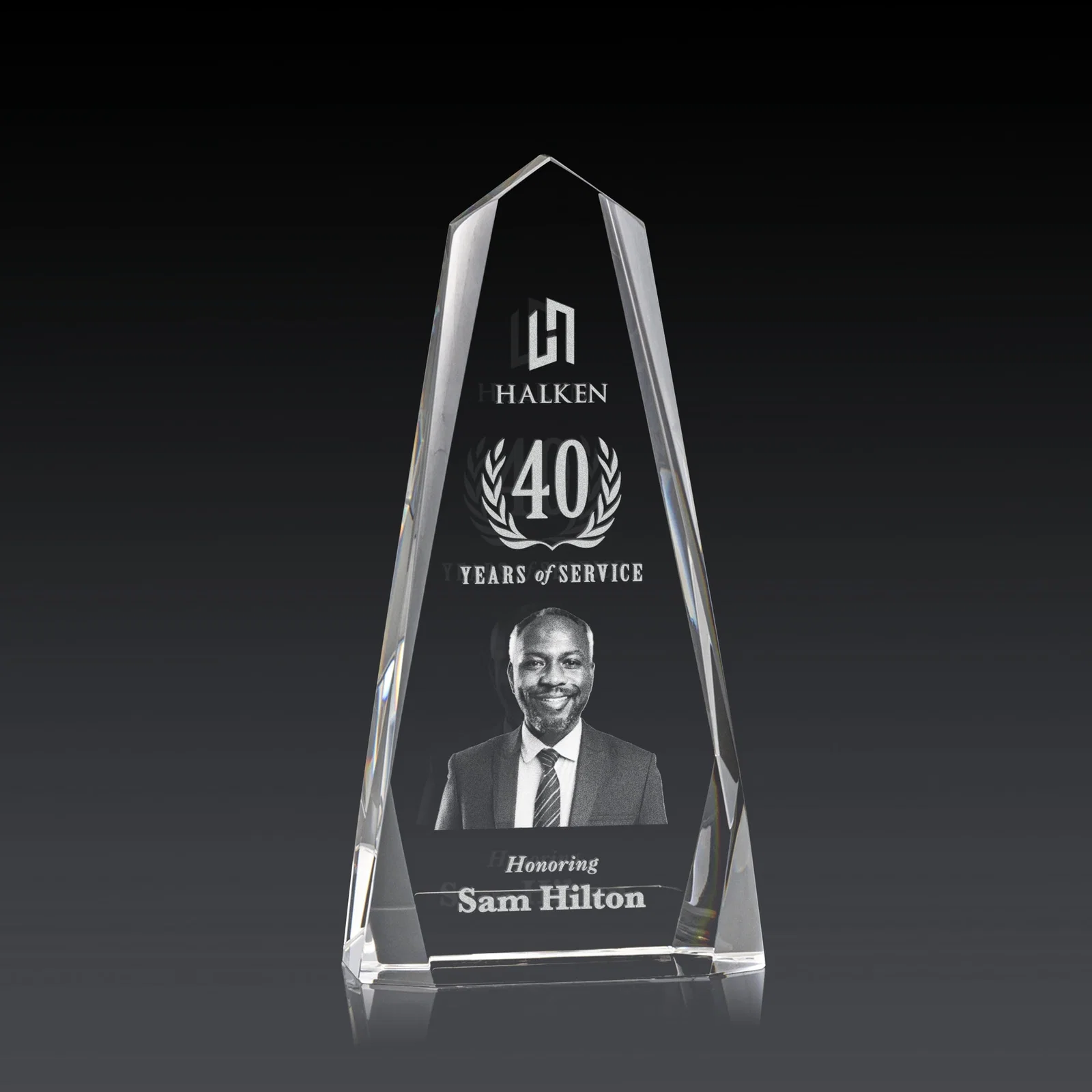Custom Optical Crystal Obelisk with Interchanging Bevels - Slimline for donor appreciation