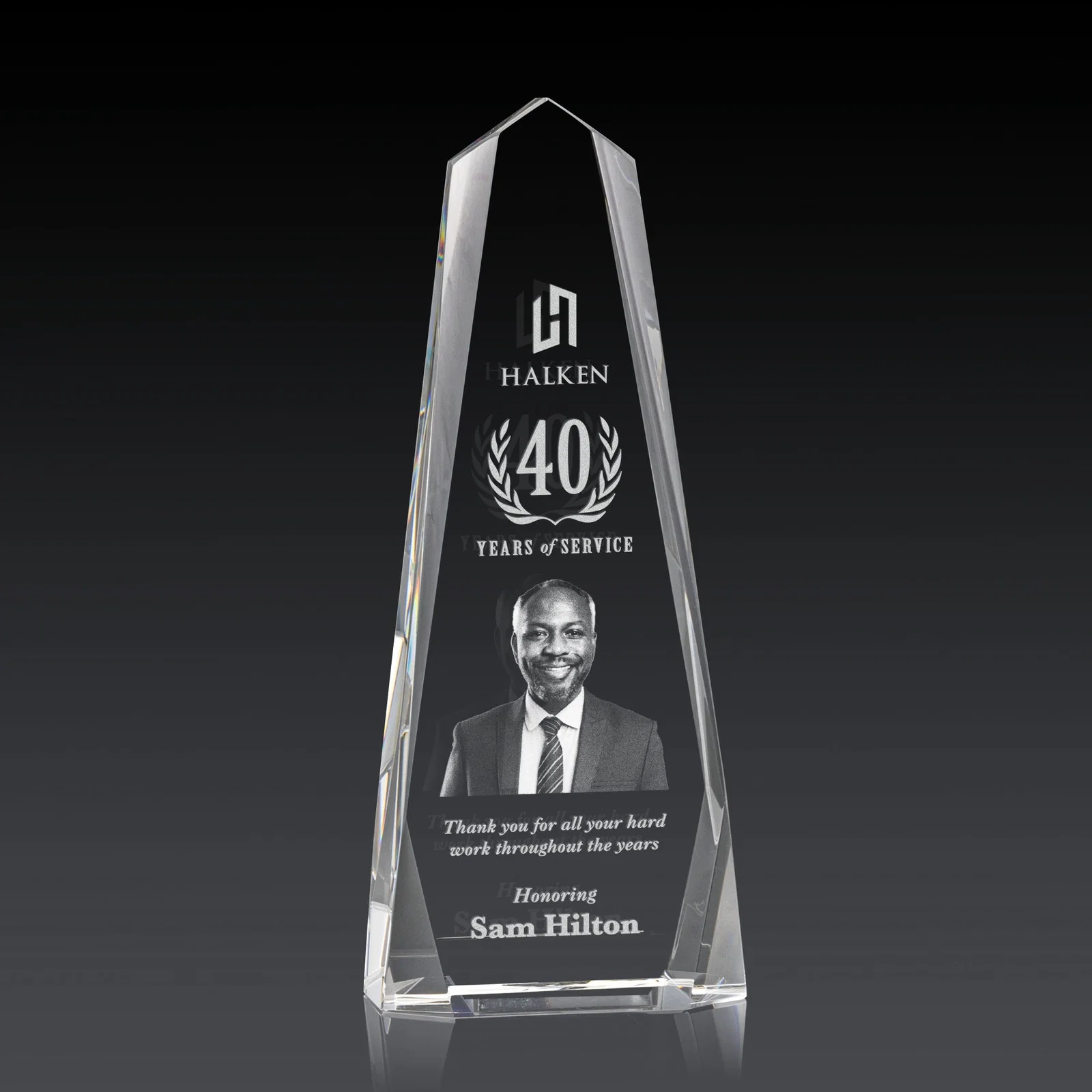 Custom Optical Crystal Obelisk with Interchanging Bevels - Slimline for graduation ceremonies