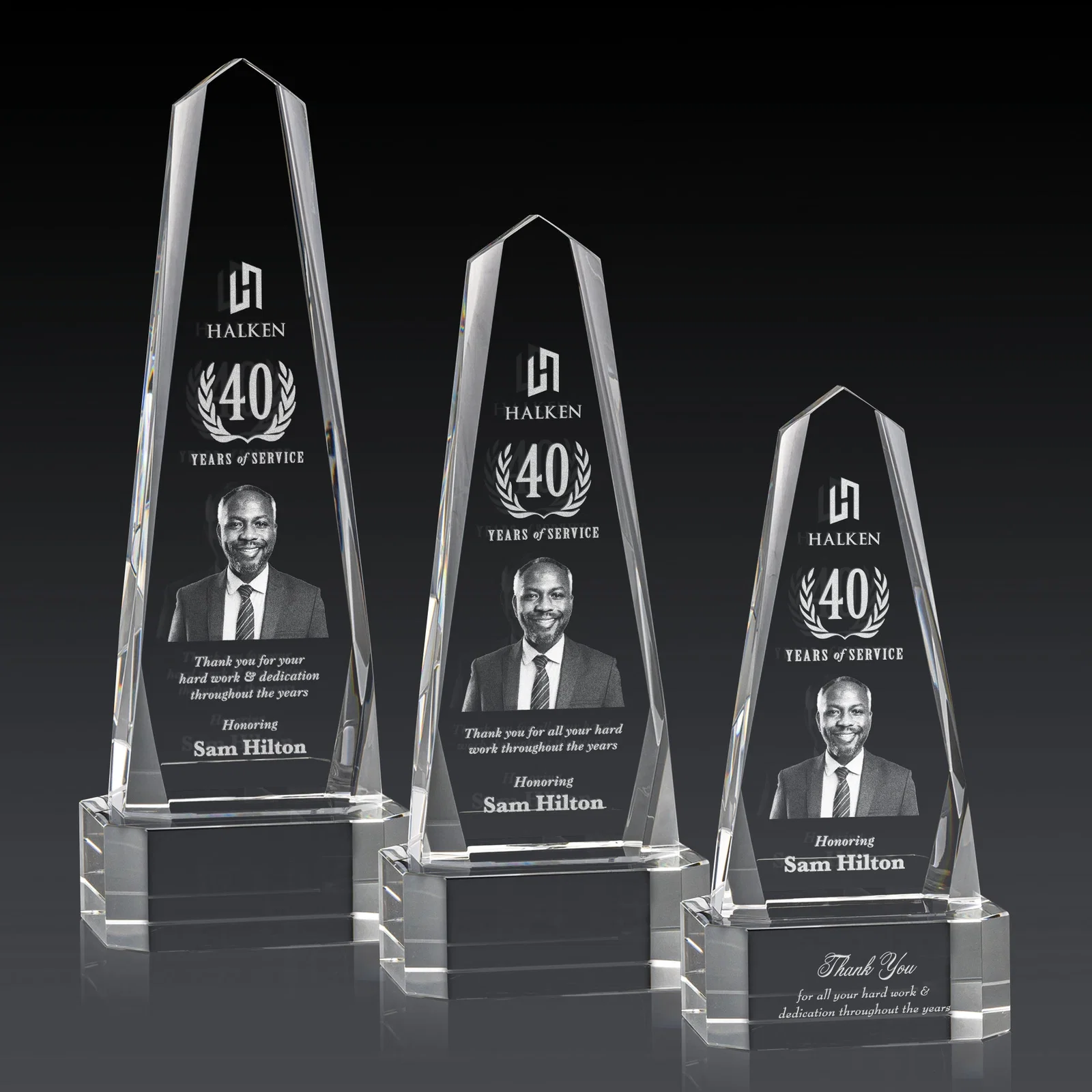 Custom Optical Crystal Obelisk Award with Interchanging Bevels for employee recognition