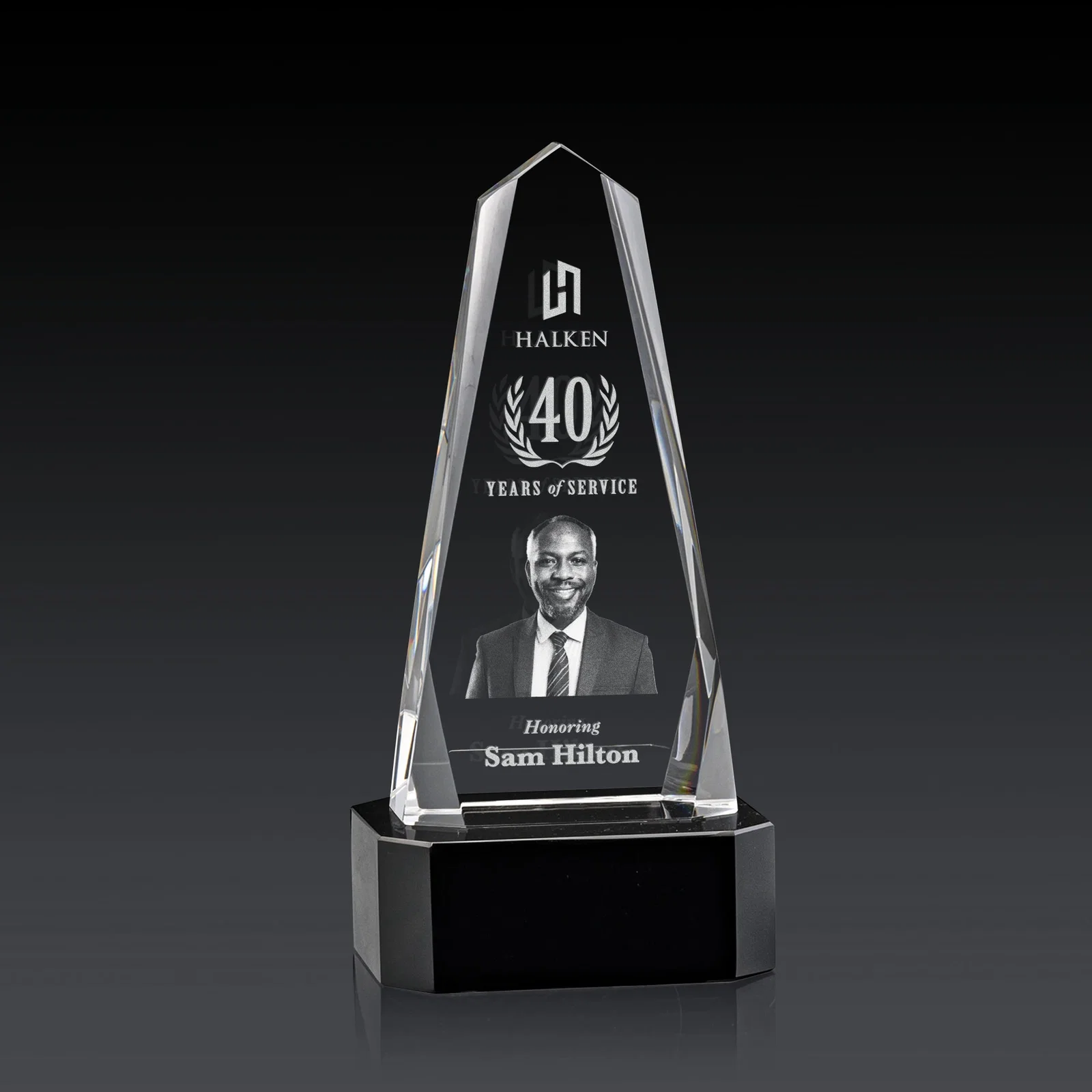 Custom Optical Crystal Obelisk Award with Interchanging Bevels for volunteer appreciation