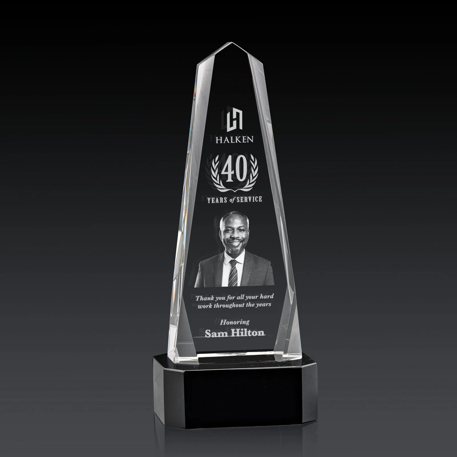 Custom Optical Crystal Obelisk Award with Interchanging Bevels for dealer and partner awards