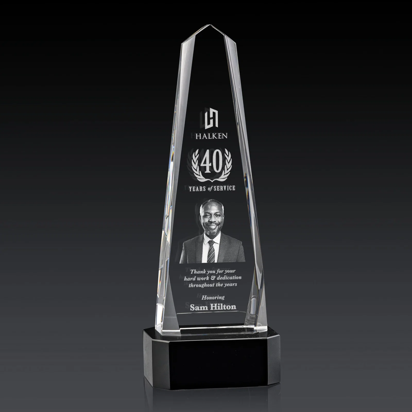 Custom Optical Crystal Obelisk Award with Interchanging Bevels for company anniversary events
