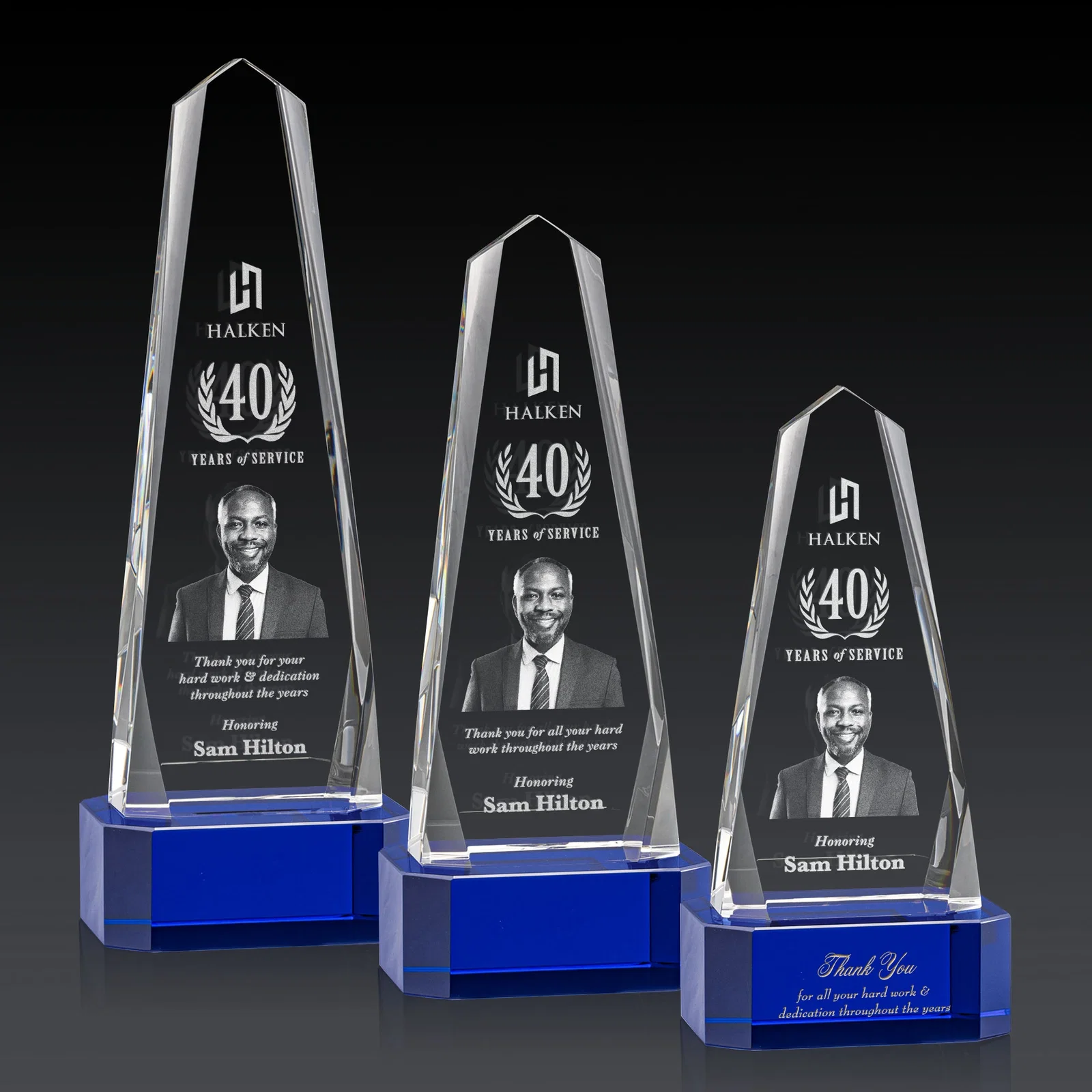 Personalized Optical Crystal Obelisk Award with Interchanging Bevels for employee recognition