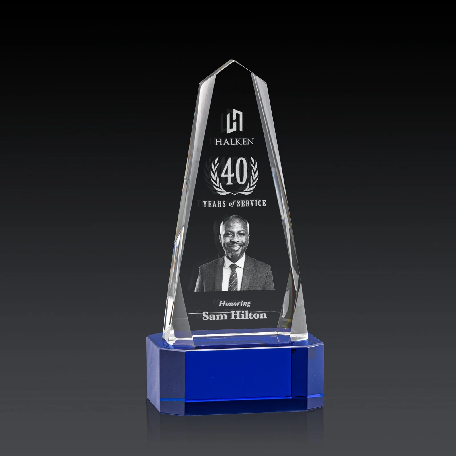 Personalized Optical Crystal Obelisk Award with Interchanging Bevels for corporate award ceremonies