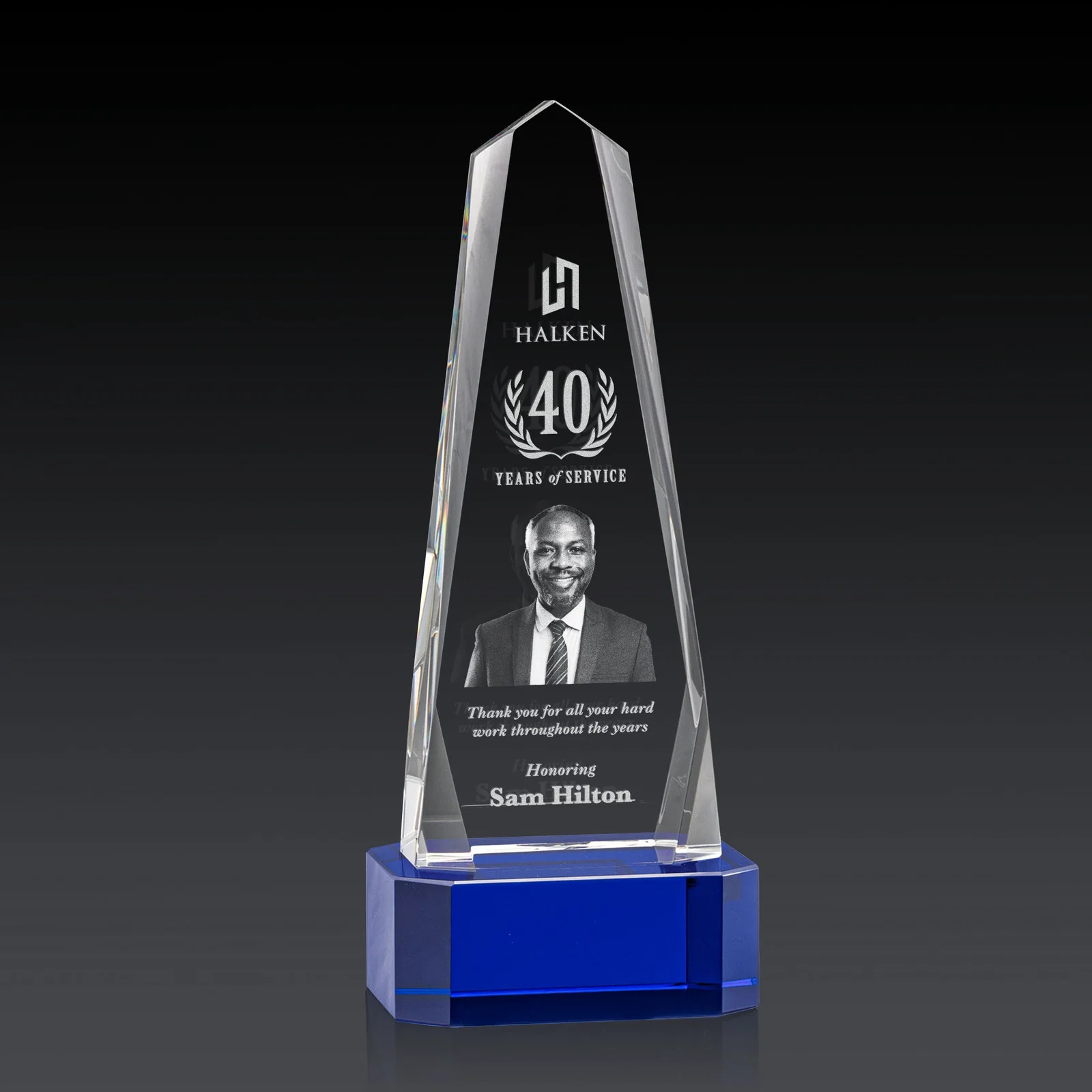 Personalized Optical Crystal Obelisk Award with Interchanging Bevels for service anniversary gifts