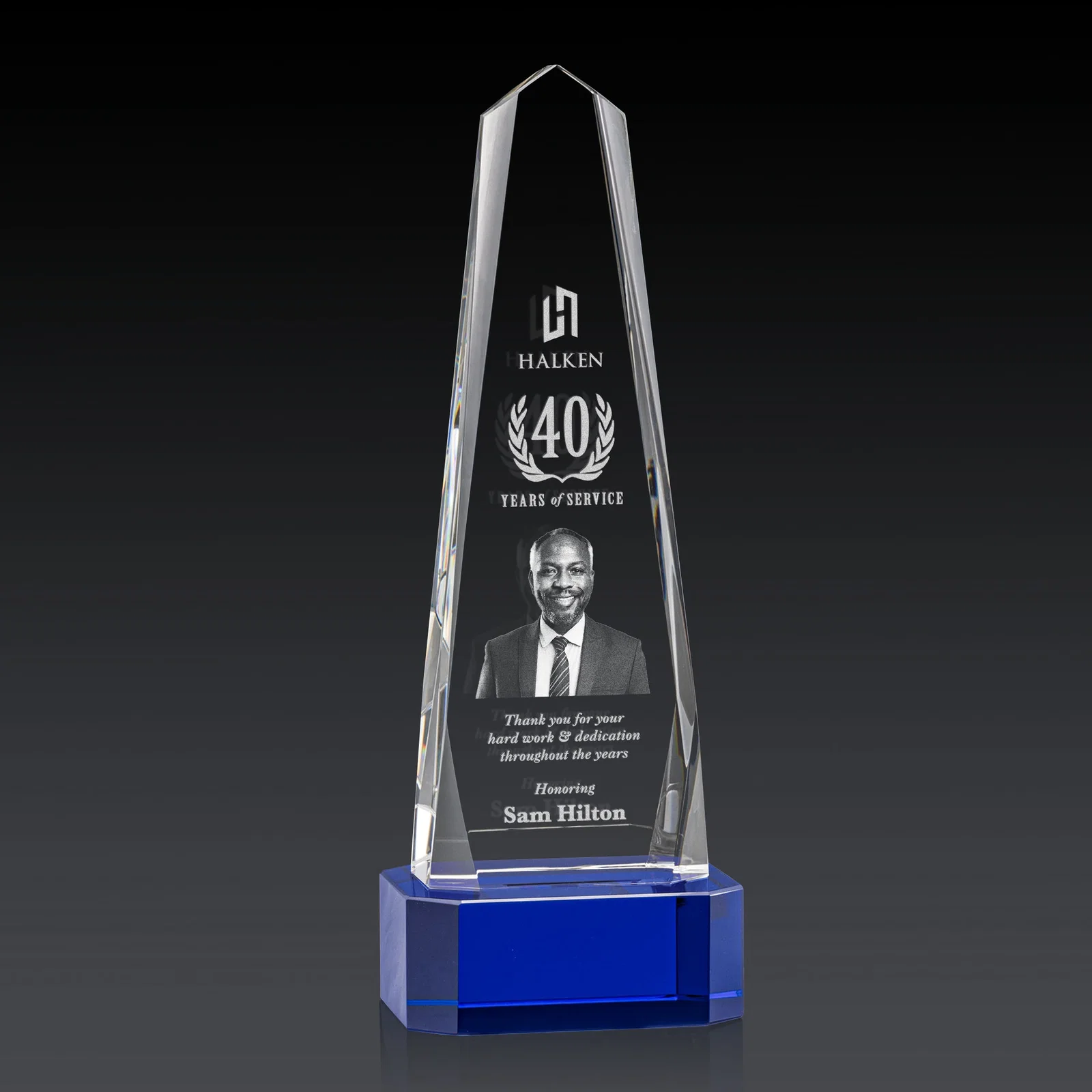 Personalized Optical Crystal Obelisk Award with Interchanging Bevels for sales achievement awards