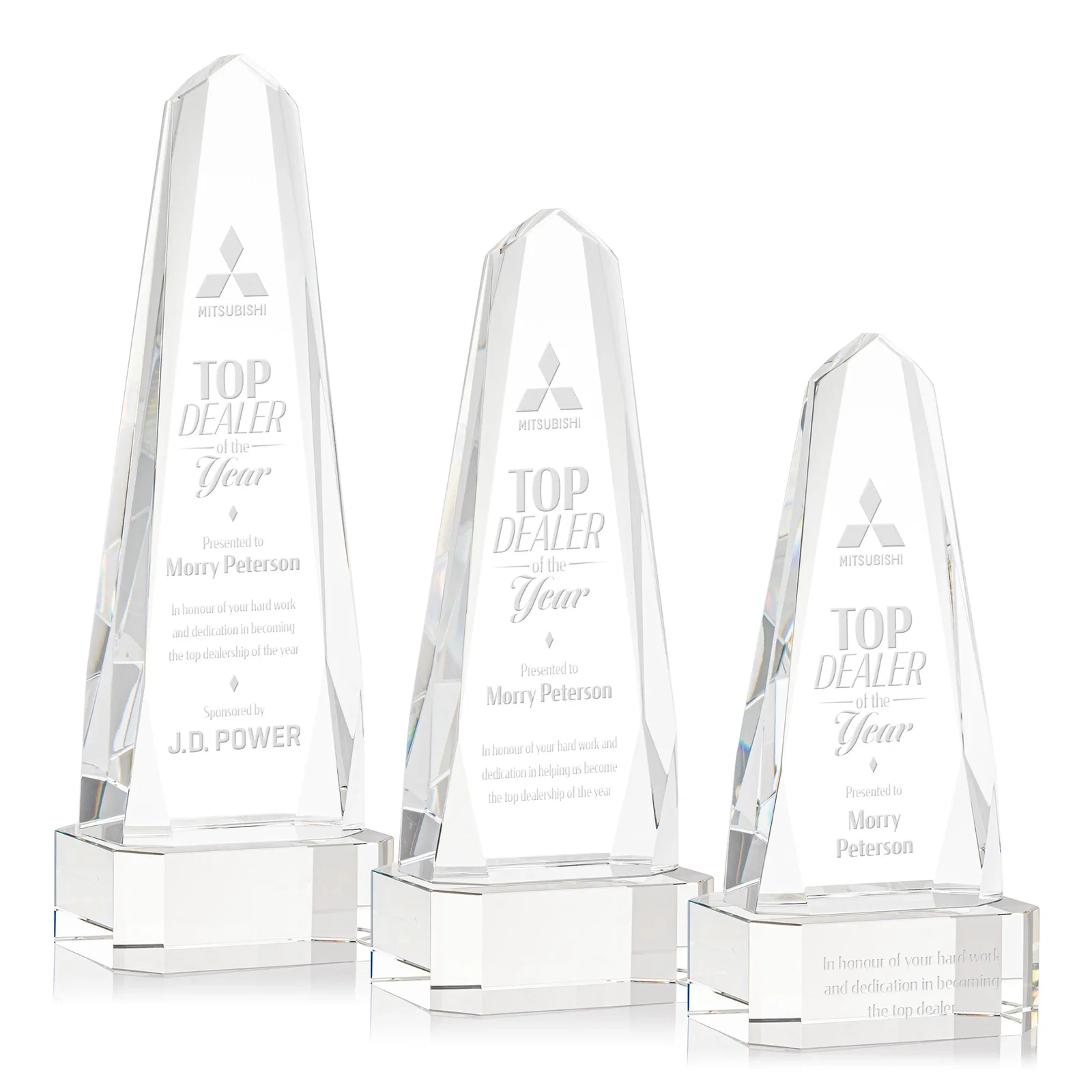 Personalized Optical Crystal Obelisk Award with Interchanging Bevels for retirement presentations