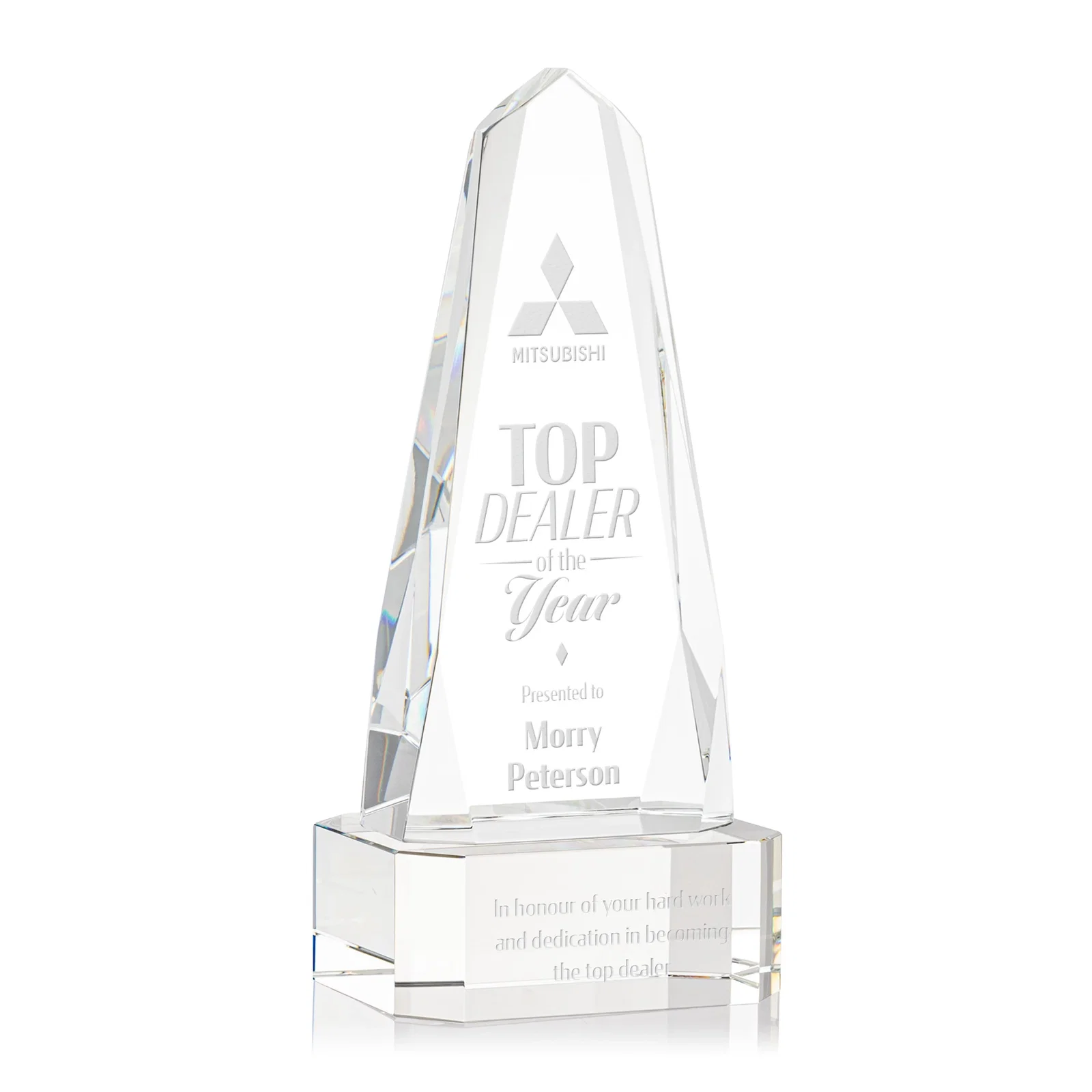 Personalized Optical Crystal Obelisk Award with Interchanging Bevels for team milestone celebrations