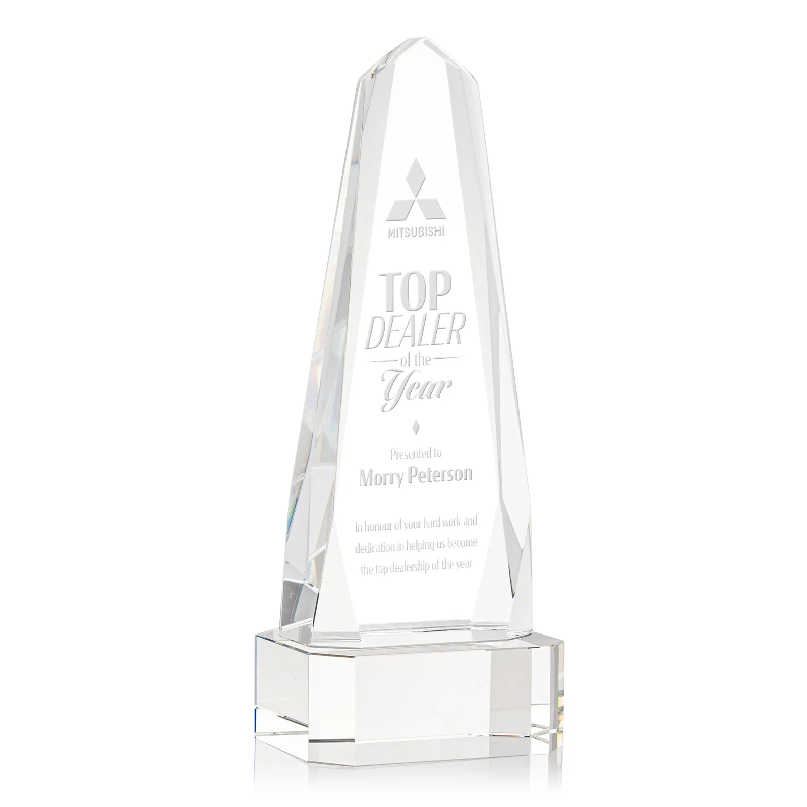 Personalized Optical Crystal Obelisk Award with Interchanging Bevels for donor appreciation