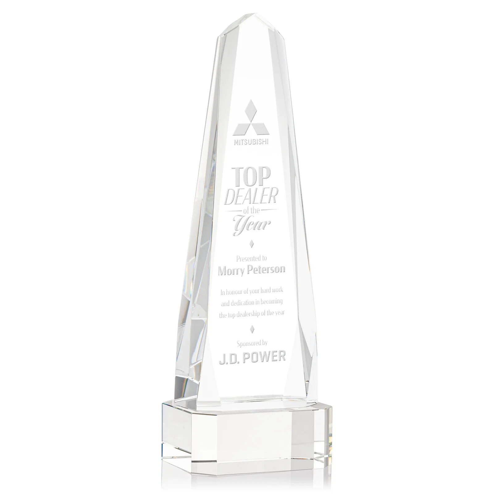Personalized Optical Crystal Obelisk Award with Interchanging Bevels for graduation ceremonies