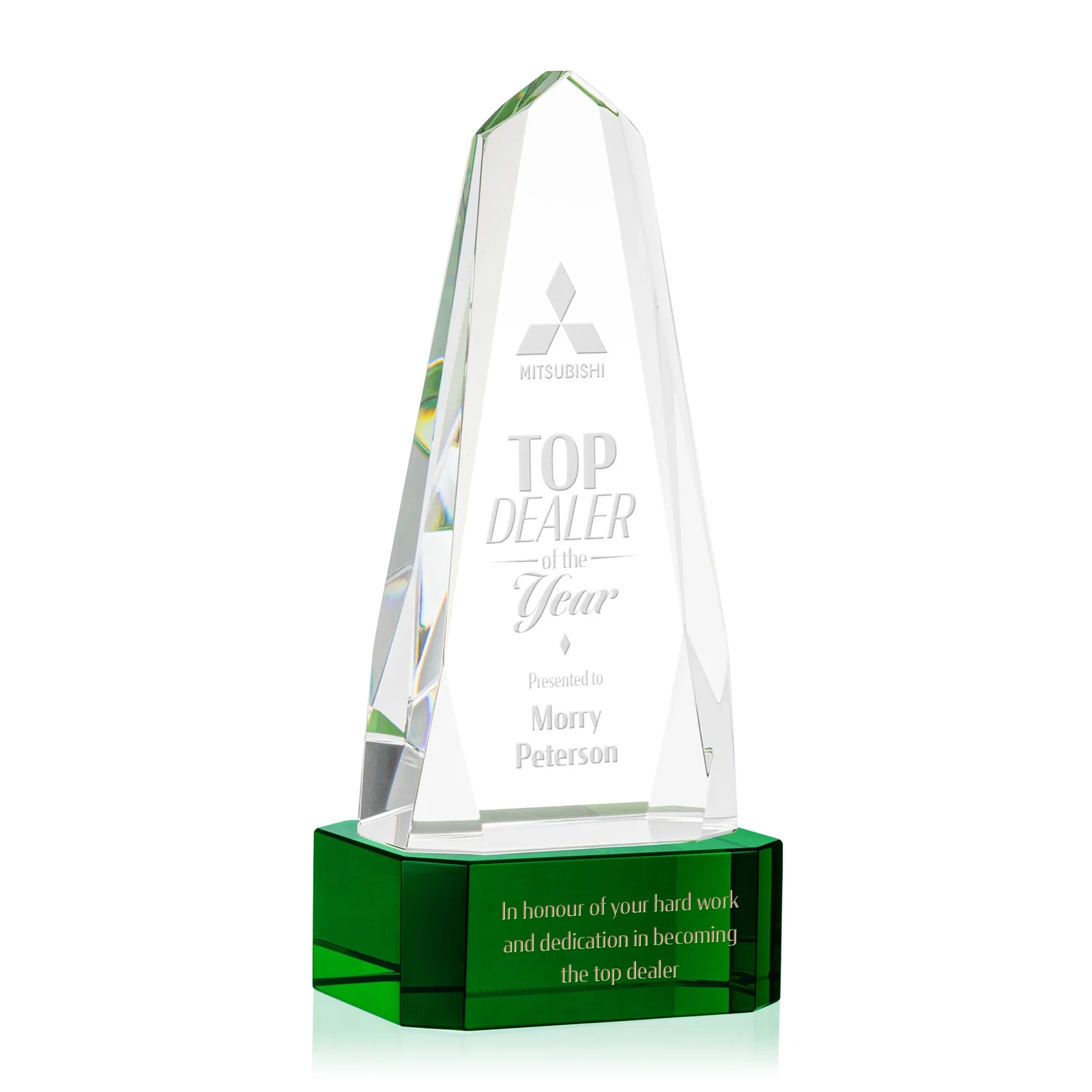 Personalized Optical Crystal Obelisk Award with Interchanging Bevels for dealer and partner awards