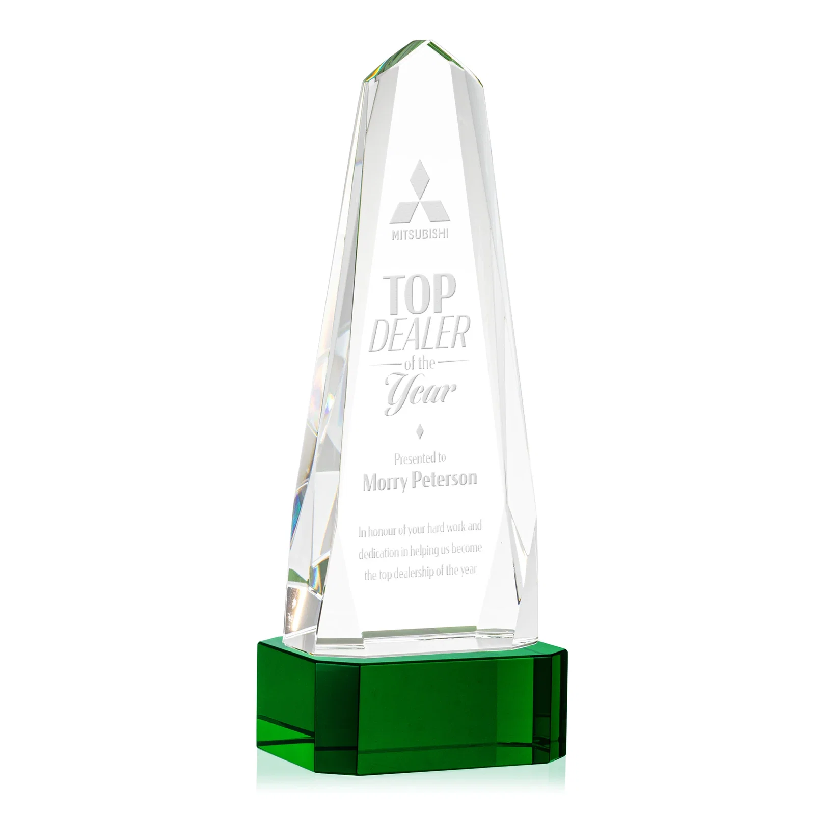 Personalized Optical Crystal Obelisk Award with Interchanging Bevels for company anniversary events