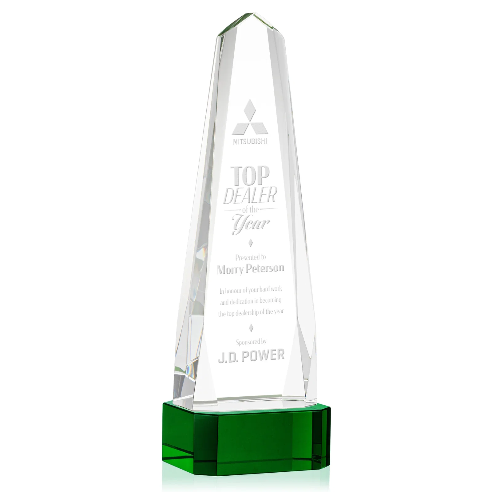 Promotional Optical Crystal Obelisk Award with Interchanging Bevels for employee recognition