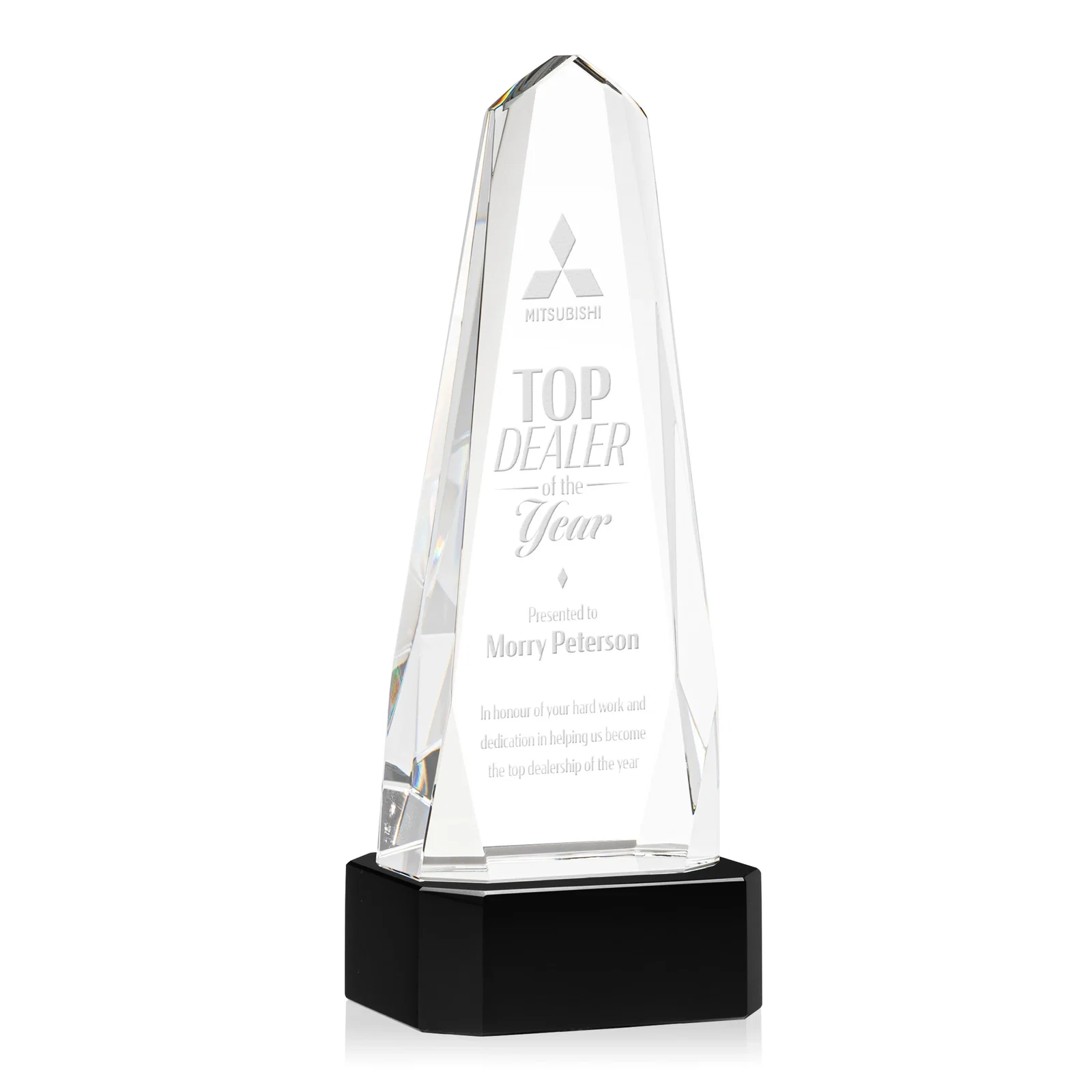 Promotional Optical Crystal Obelisk Award with Interchanging Bevels for sales achievement awards