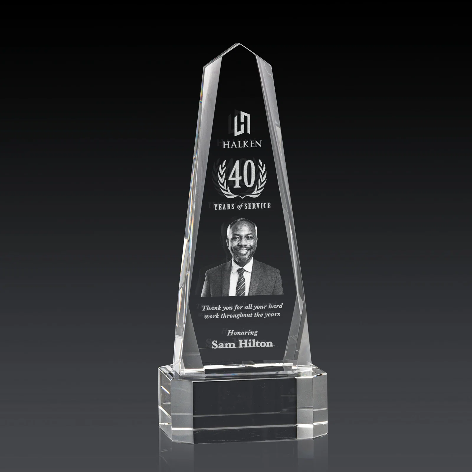 Custom Optical Crystal Obelisk Award with Interchanging Bevels for service anniversary gifts
