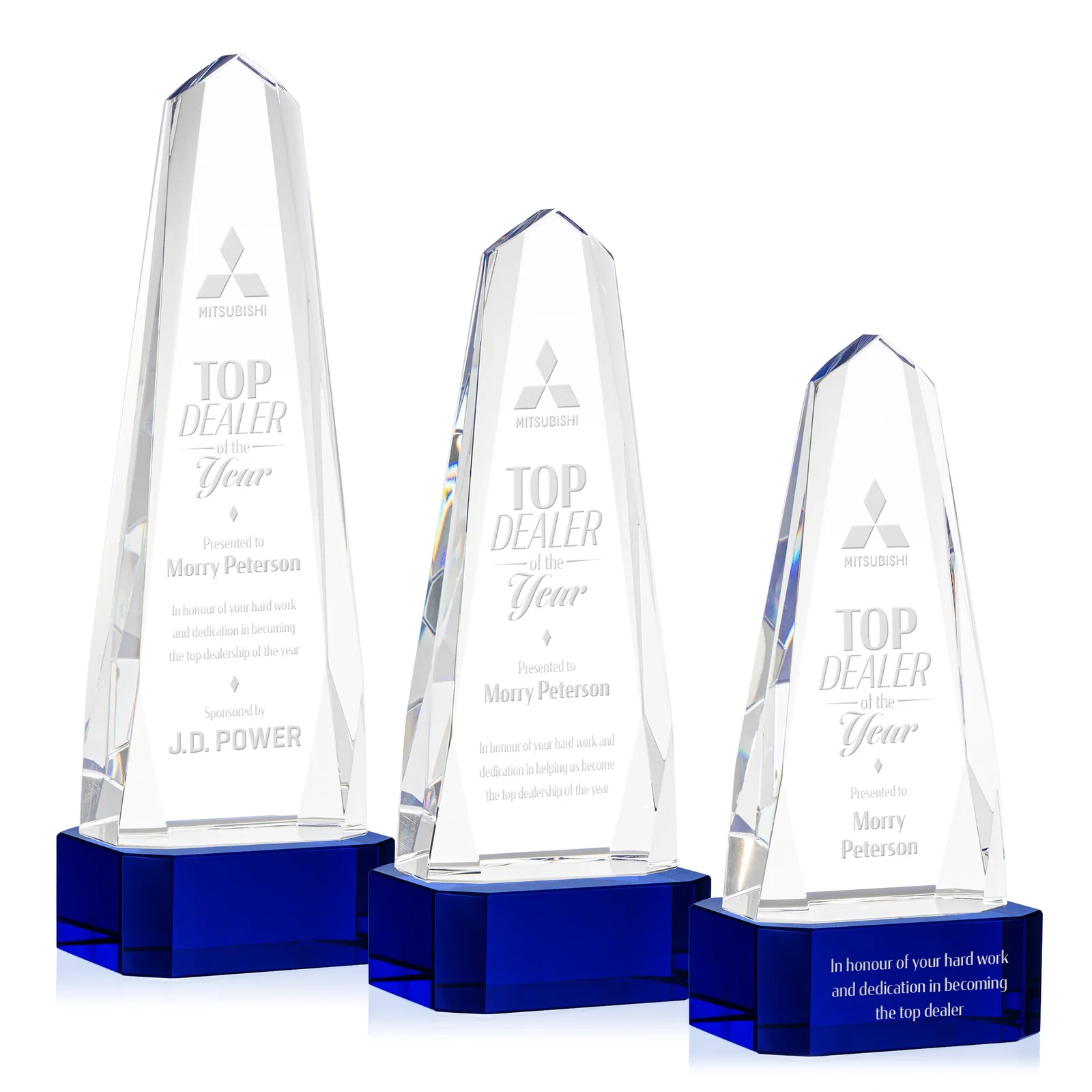 Promotional Optical Crystal Obelisk Award with Interchanging Bevels for team milestone celebrations