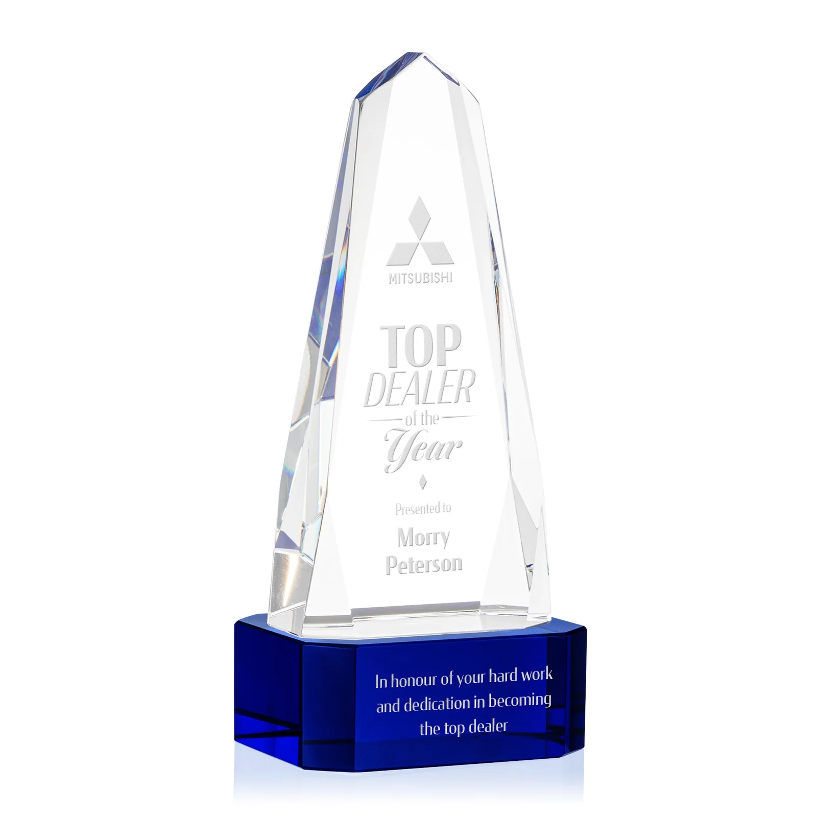 Promotional Optical Crystal Obelisk Award with Interchanging Bevels for donor appreciation
