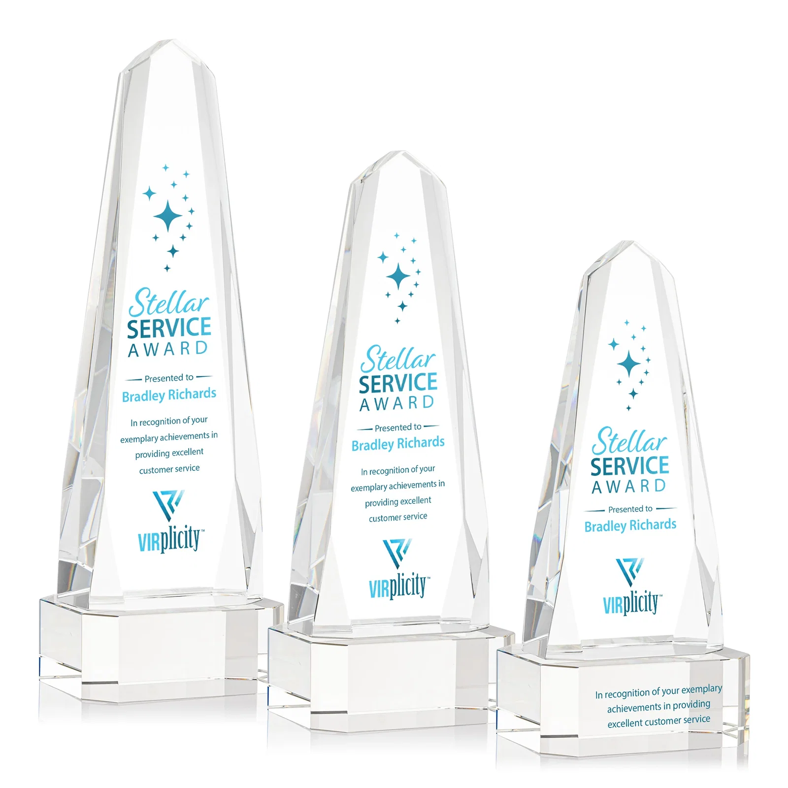 Promotional Optical Crystal Obelisk Award with Interchanging Bevels for volunteer appreciation