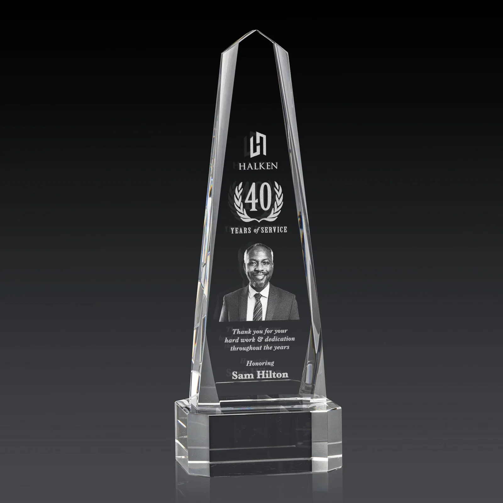 Custom Optical Crystal Obelisk Award with Interchanging Bevels for sales achievement awards