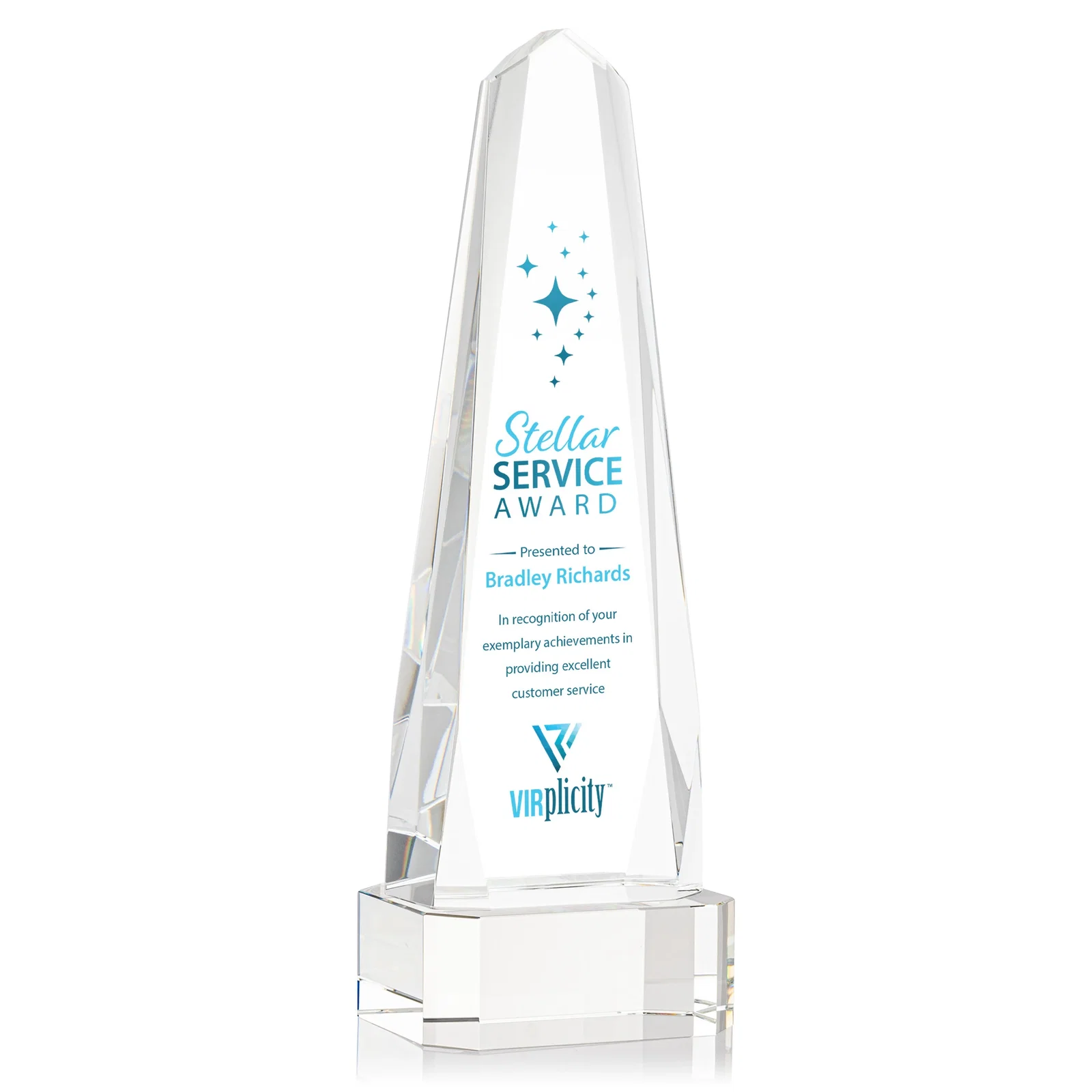 Branded Optical Crystal Obelisk Award with Interchanging Bevels for employee recognition