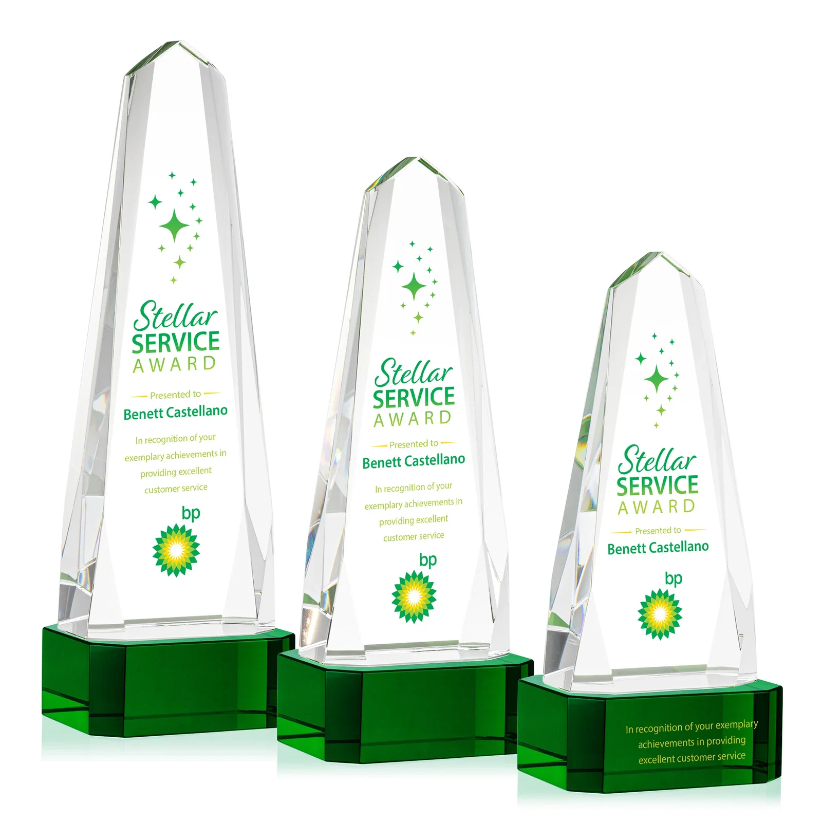 Branded Optical Crystal Obelisk Award with Interchanging Bevels for corporate award ceremonies
