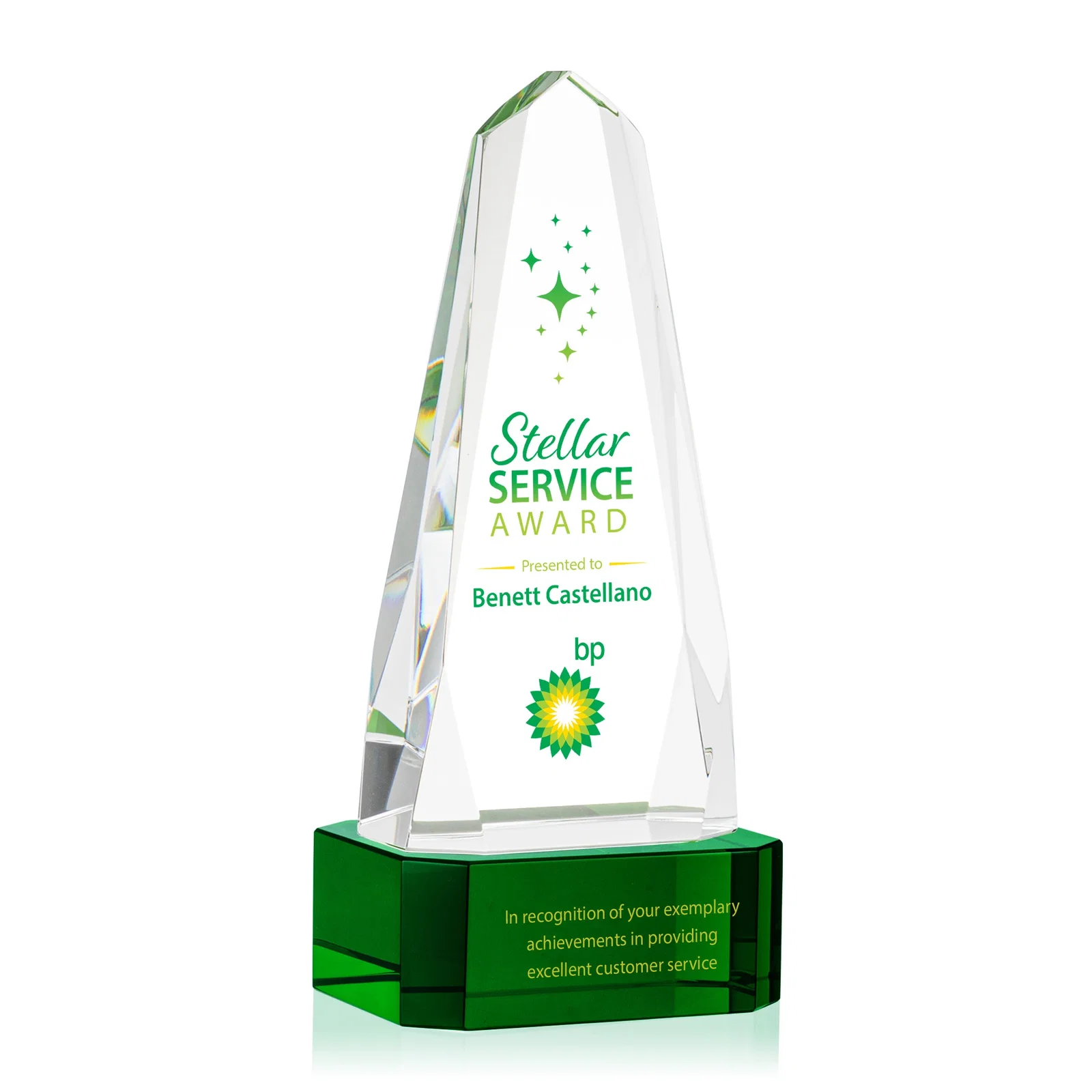 Branded Optical Crystal Obelisk Award with Interchanging Bevels for service anniversary gifts