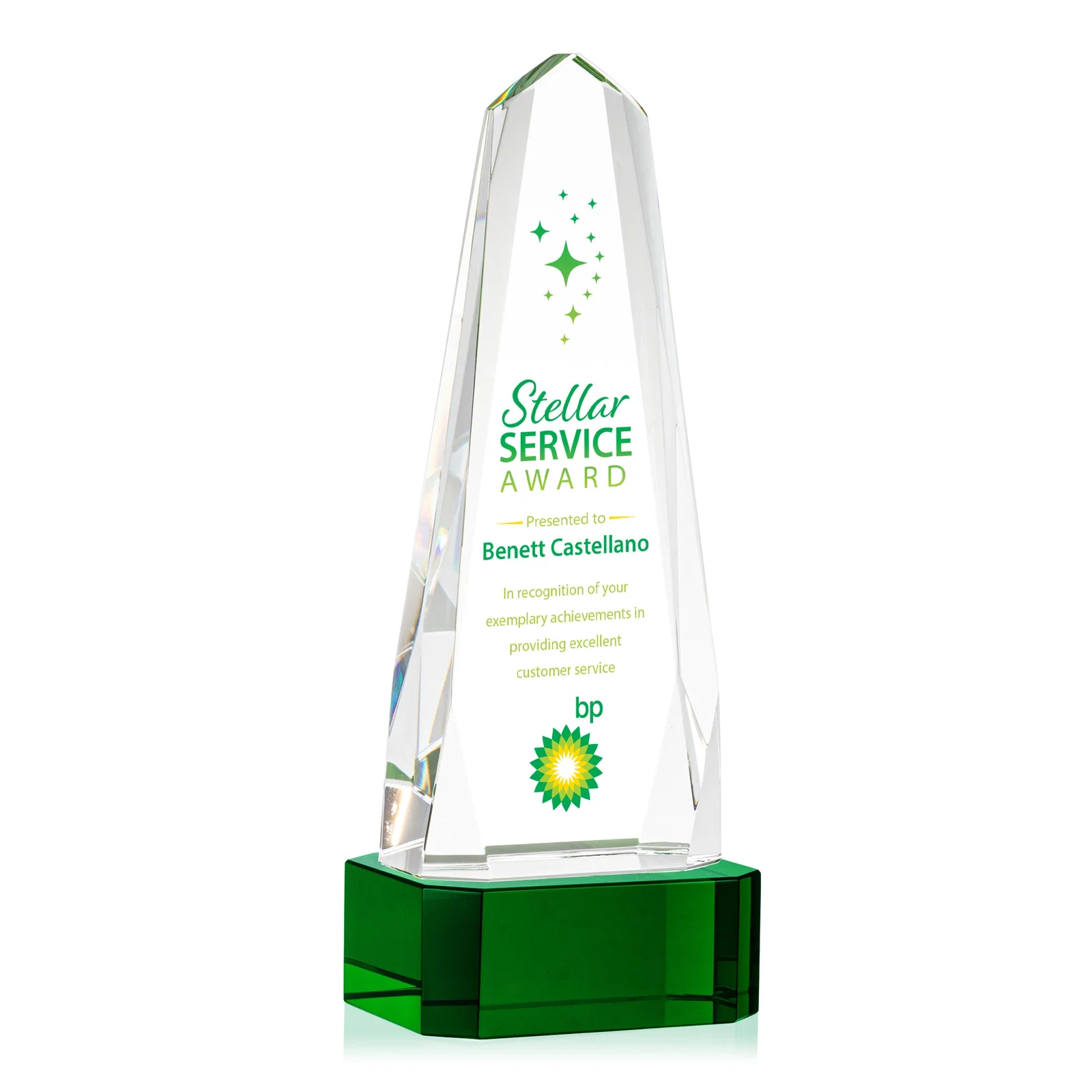 Branded Optical Crystal Obelisk Award with Interchanging Bevels for sales achievement awards