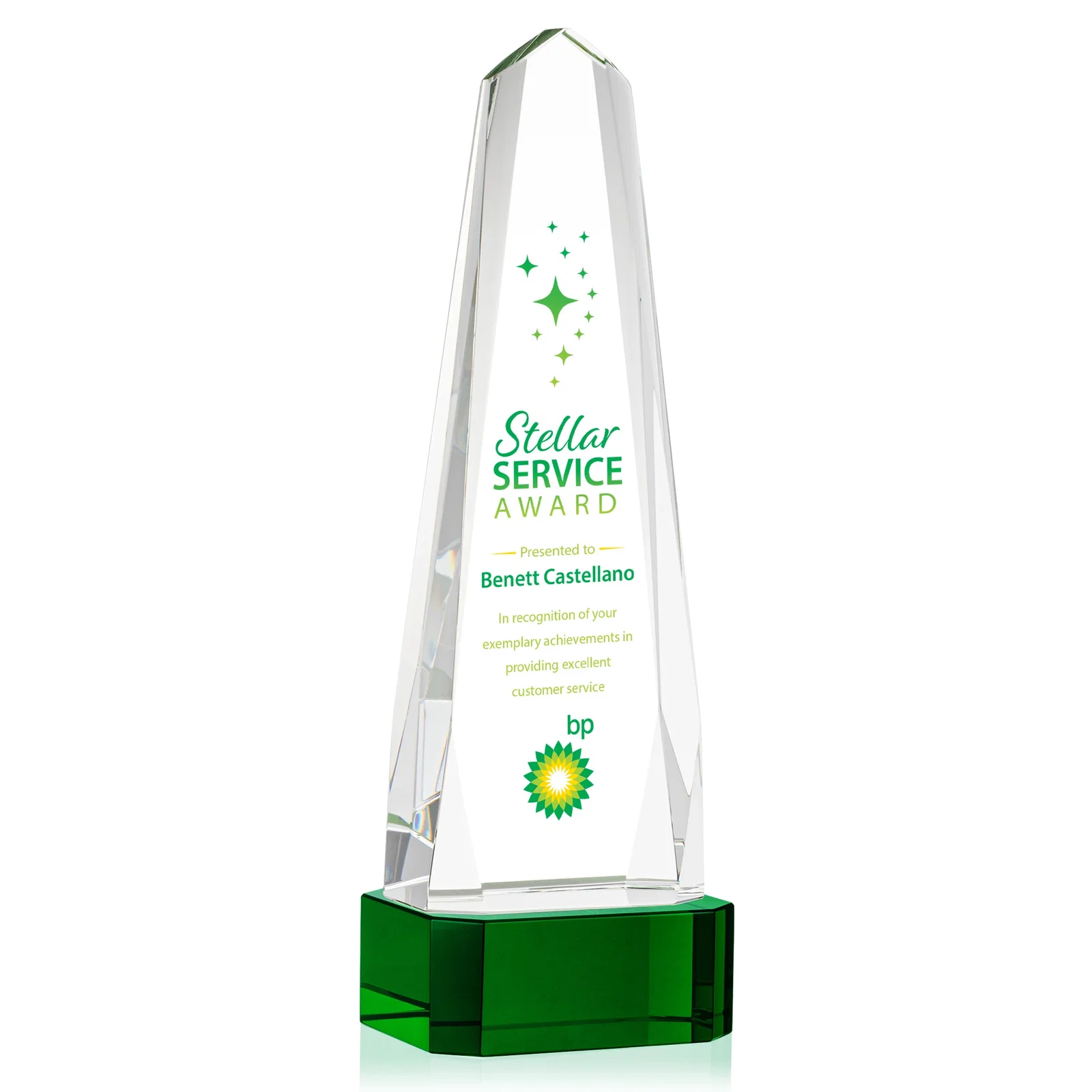 Branded Optical Crystal Obelisk Award with Interchanging Bevels for retirement presentations