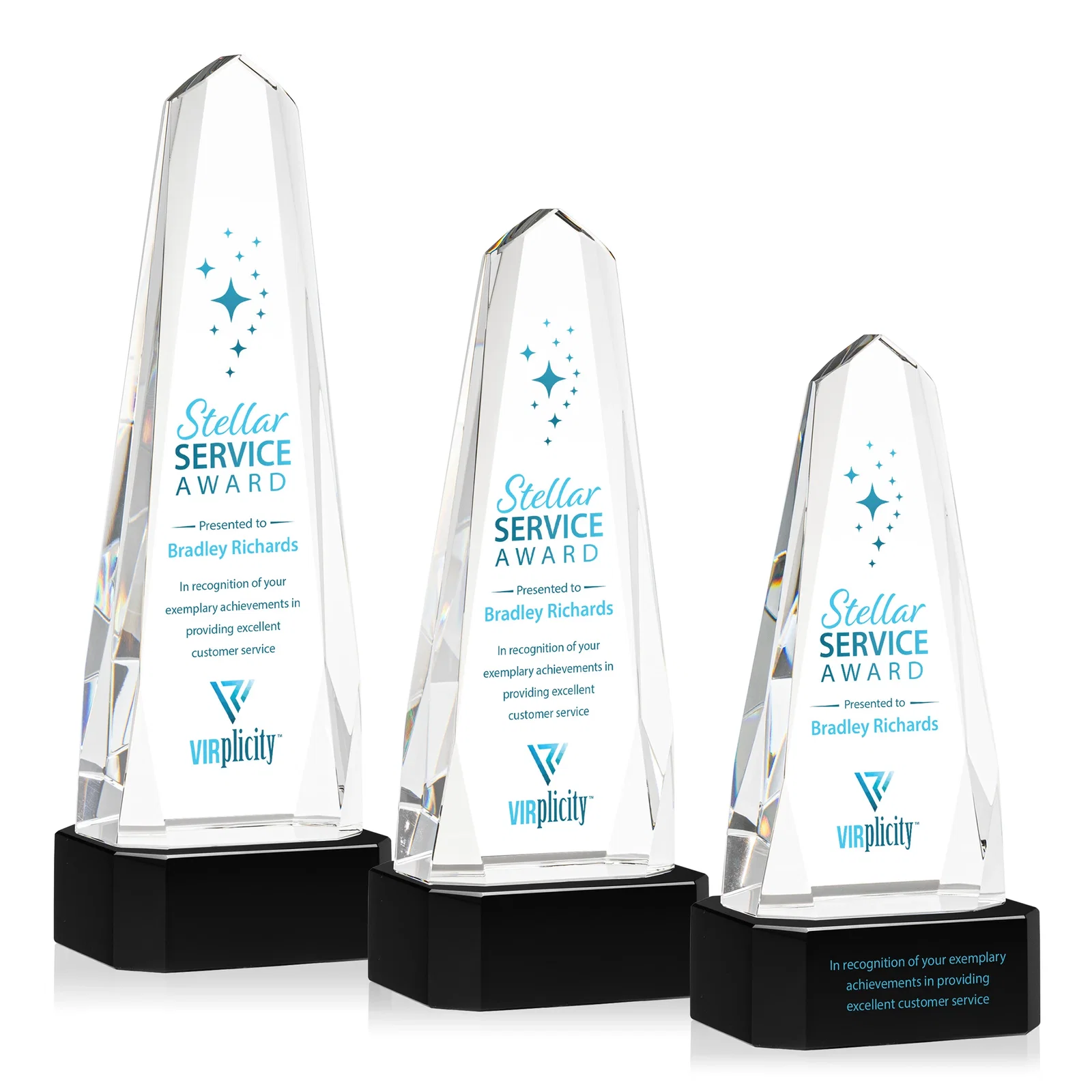Branded Optical Crystal Obelisk Award with Interchanging Bevels for team milestone celebrations