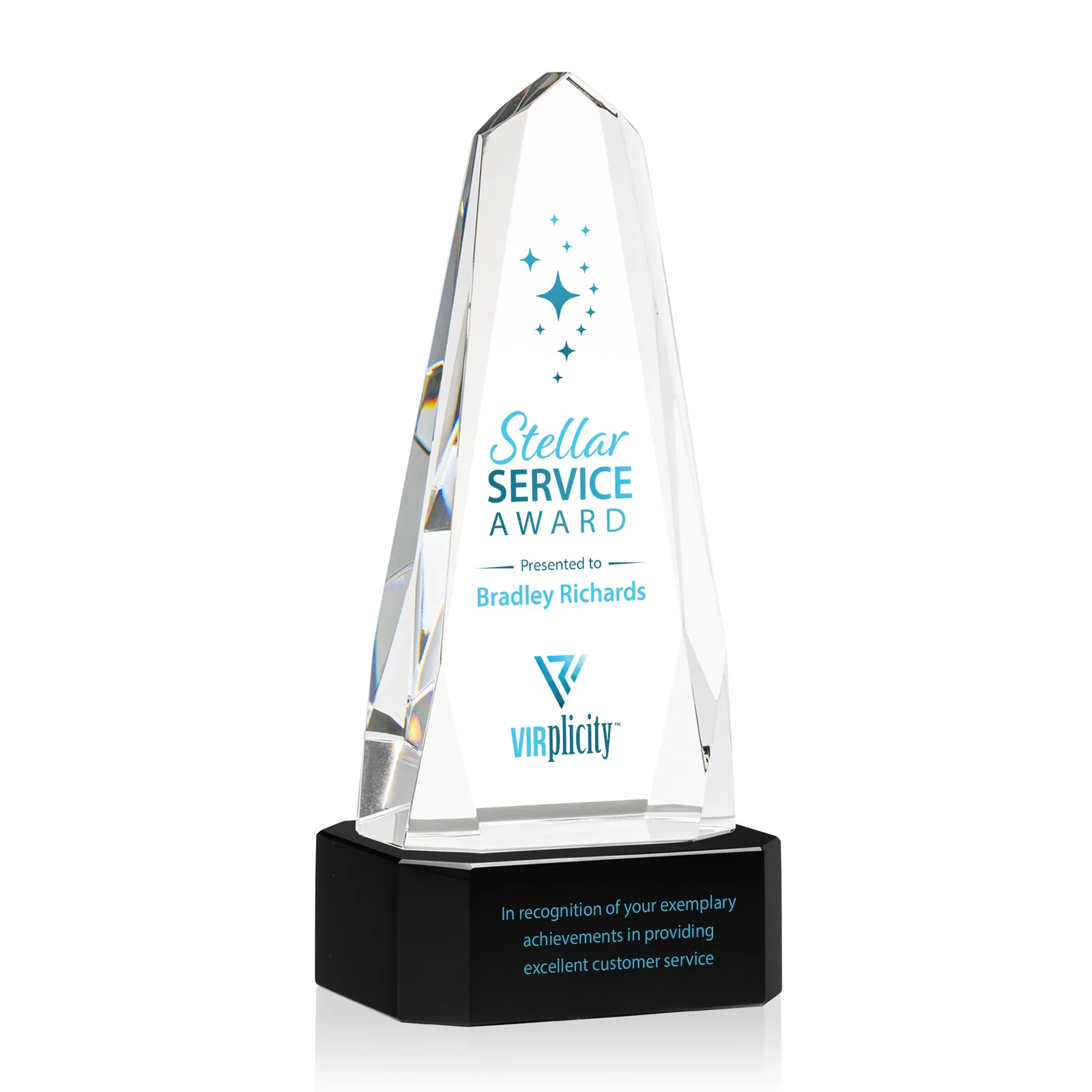 Branded Optical Crystal Obelisk Award with Interchanging Bevels for donor appreciation