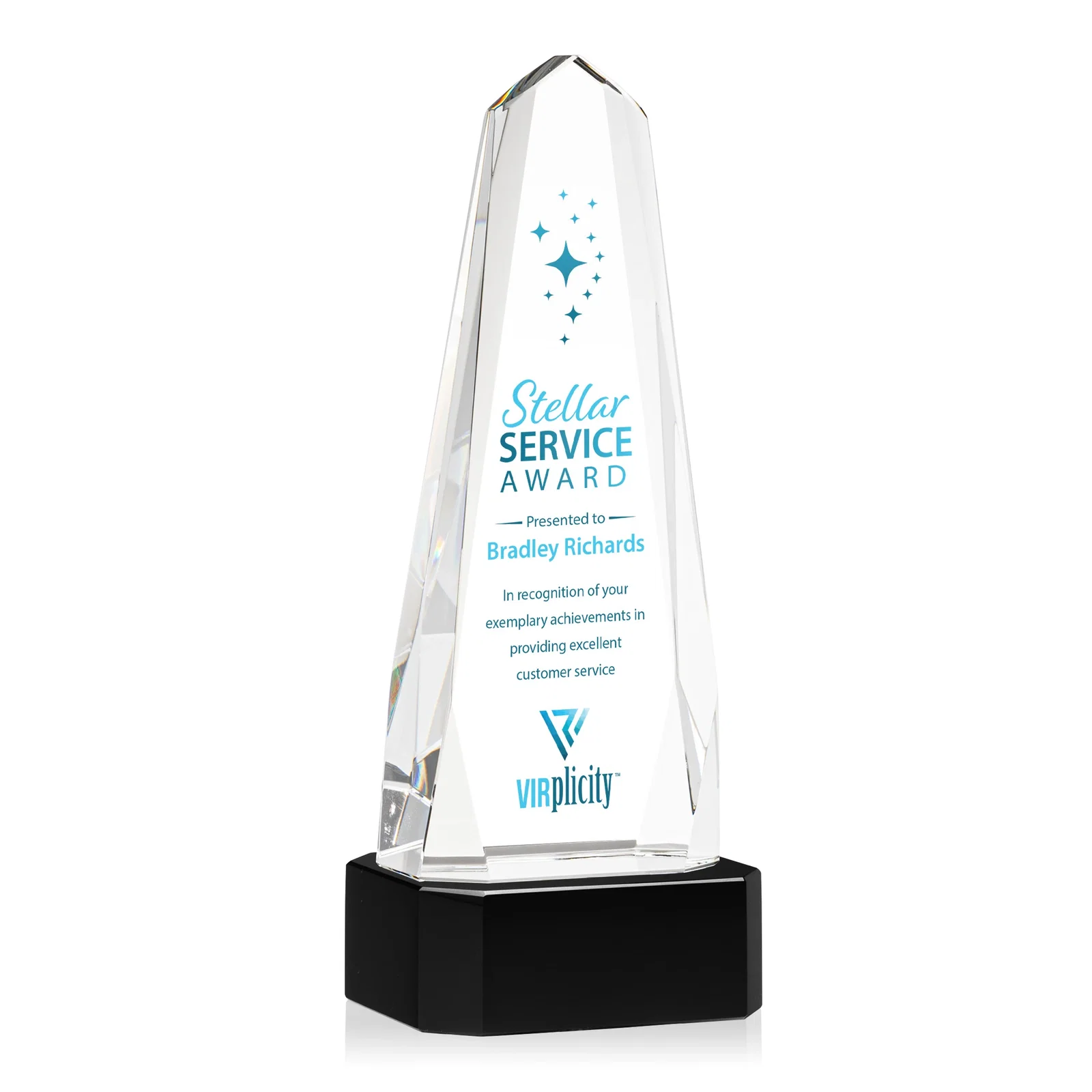 Branded Optical Crystal Obelisk Award with Interchanging Bevels for graduation ceremonies