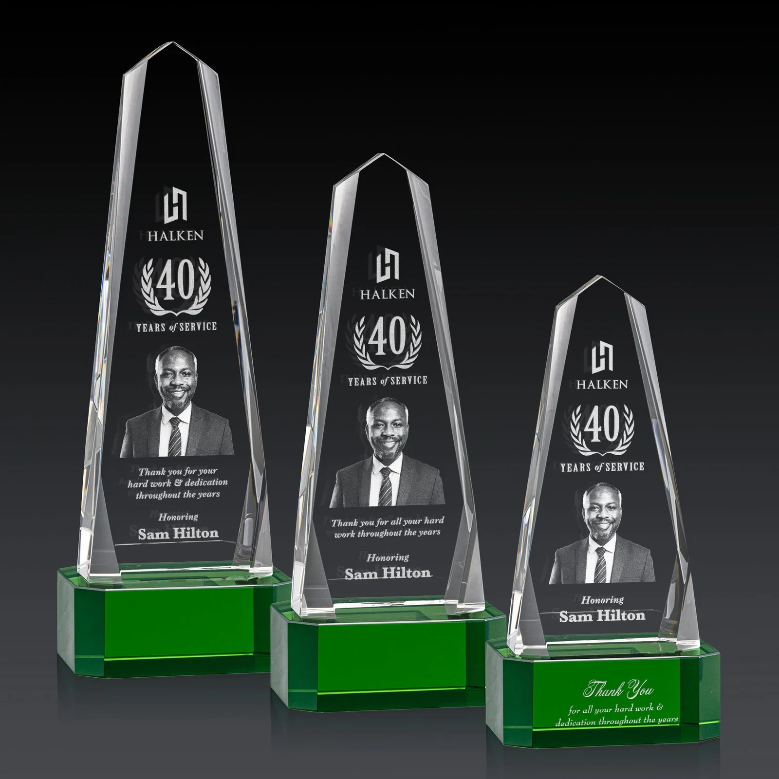 Custom Optical Crystal Obelisk Award with Interchanging Bevels for retirement presentations