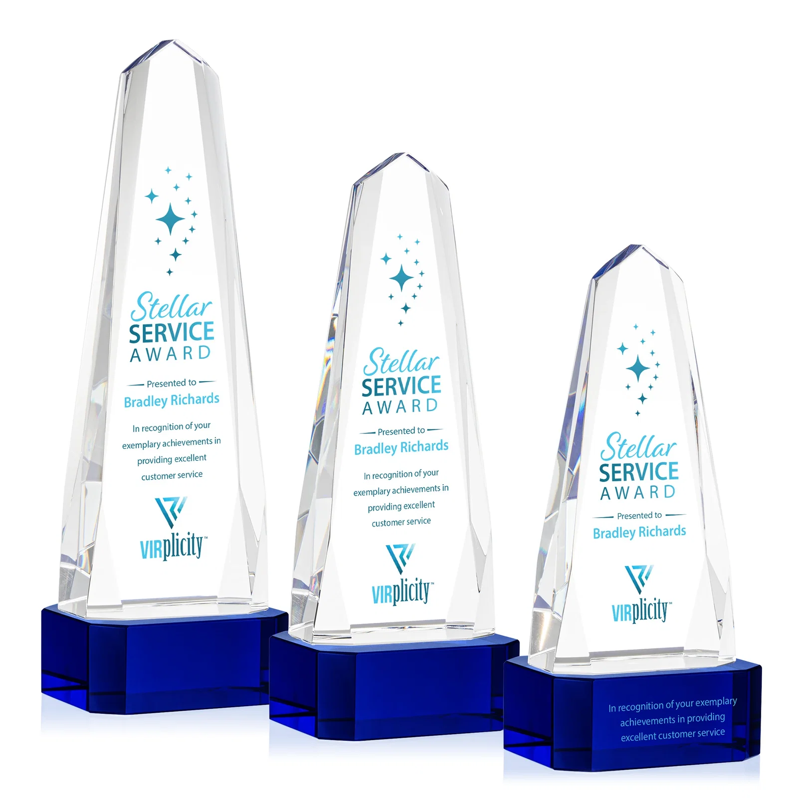 Branded Optical Crystal Obelisk Award with Interchanging Bevels for volunteer appreciation
