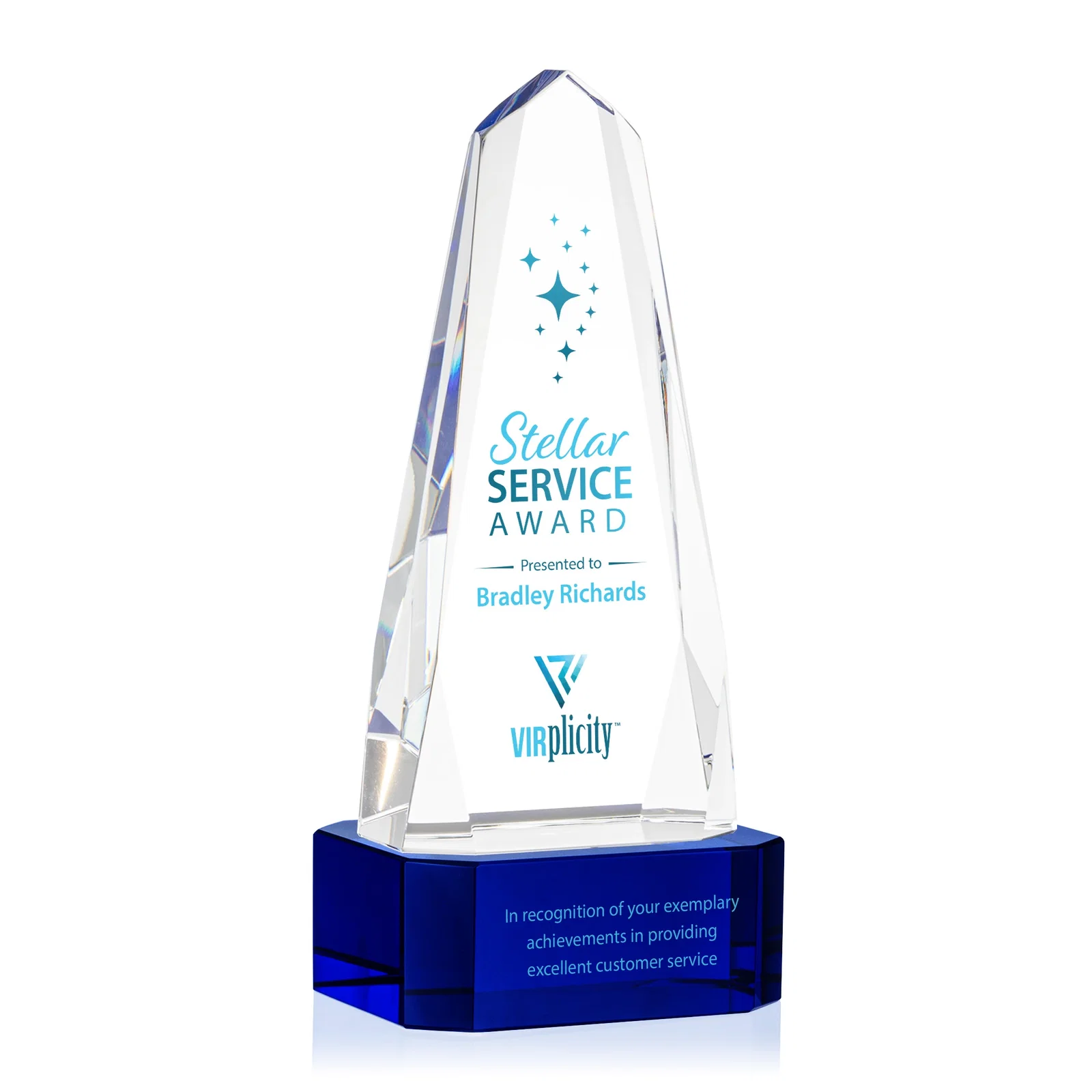 Branded Optical Crystal Obelisk Award with Interchanging Bevels for dealer and partner awards