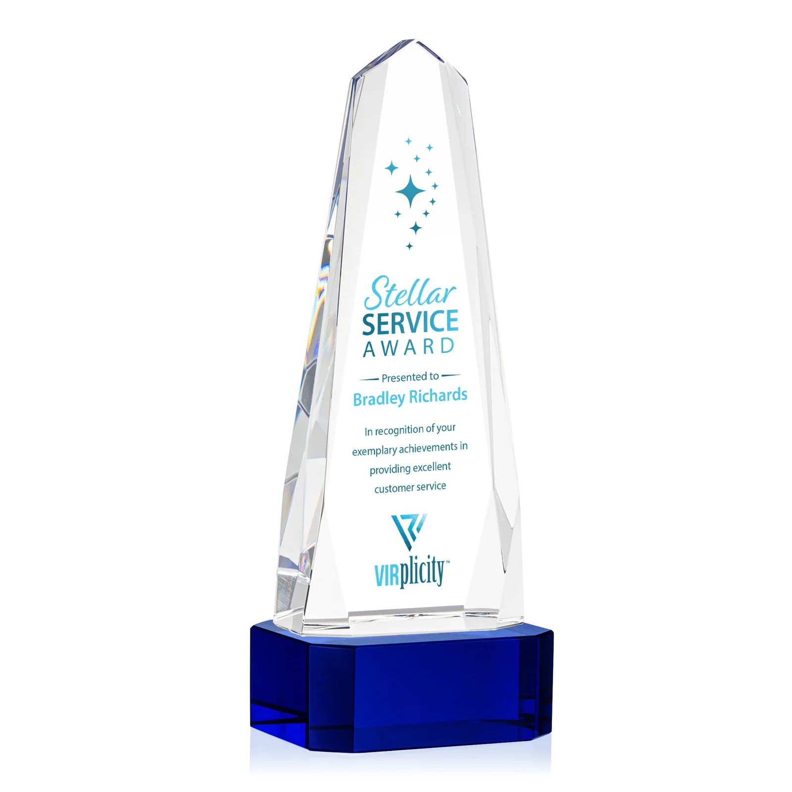 Branded Optical Crystal Obelisk Award with Interchanging Bevels for company anniversary events