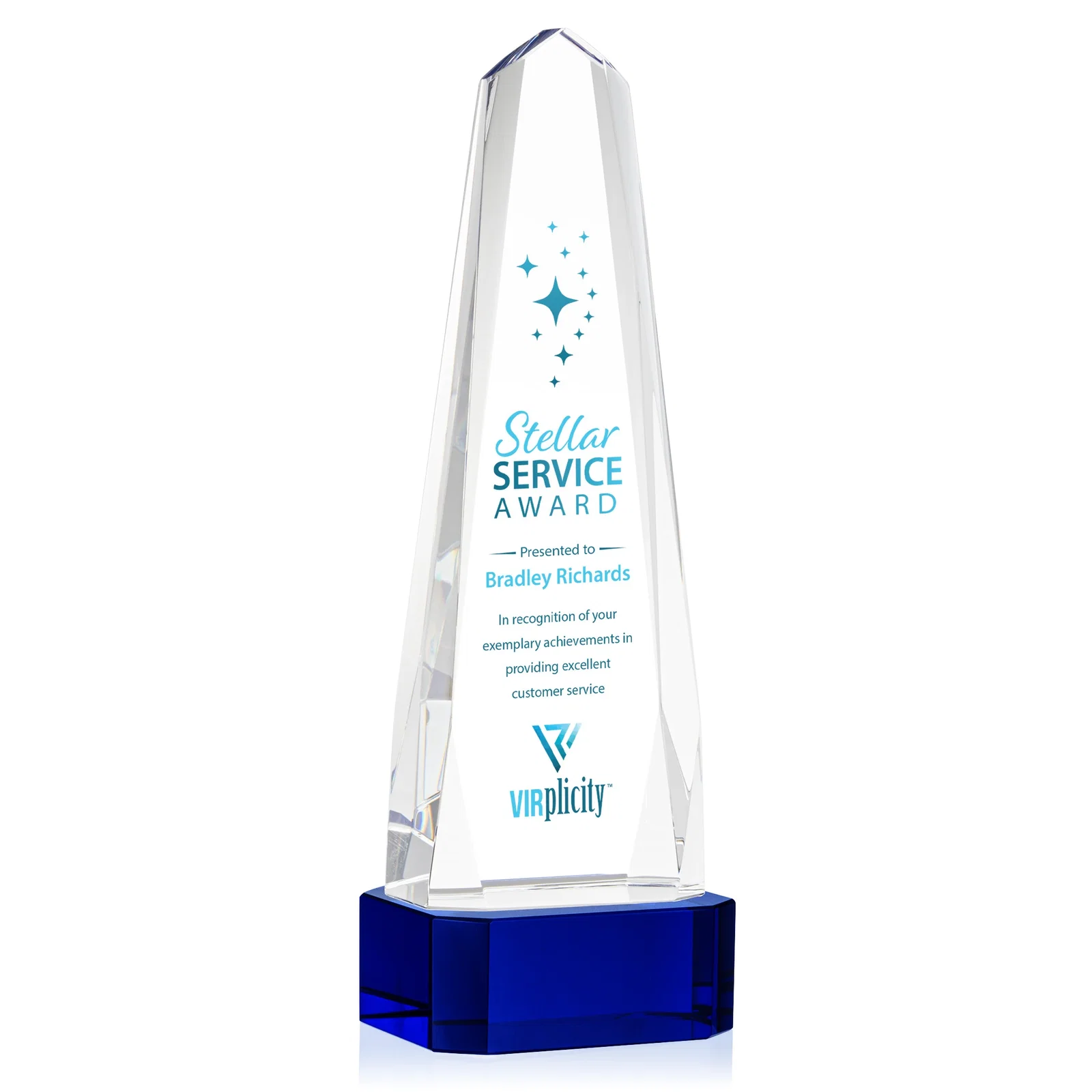 Custom printed Optical Crystal Obelisk Award with Interchanging Bevels for employee recognition