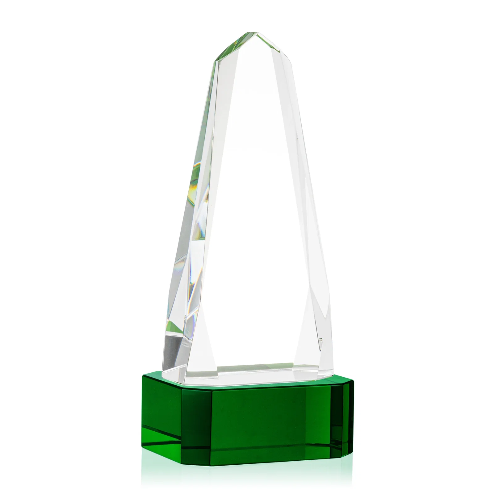 Custom printed Optical Crystal Obelisk Award with Interchanging Bevels for retirement presentations