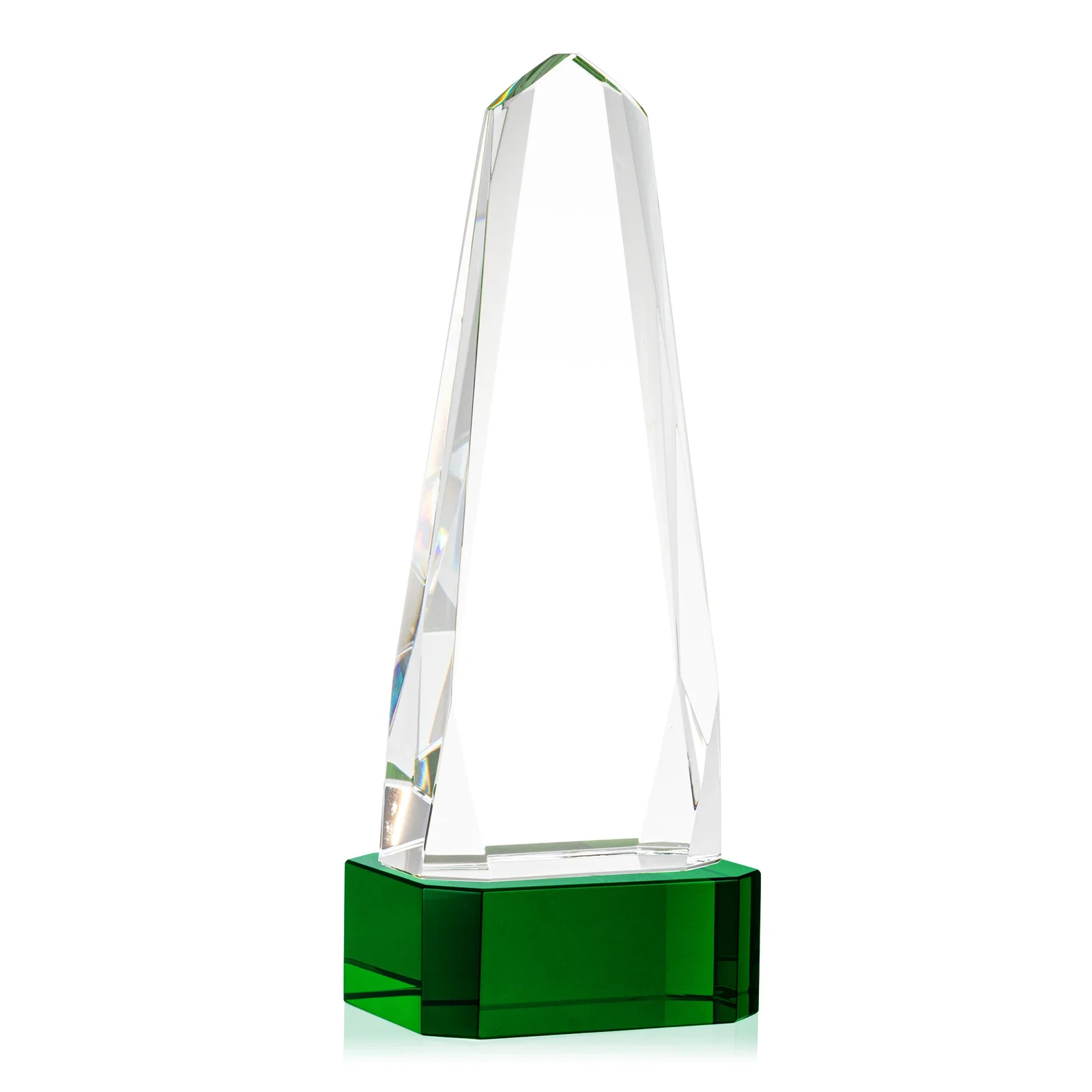 Custom printed Optical Crystal Obelisk Award with Interchanging Bevels for team milestone celebrations